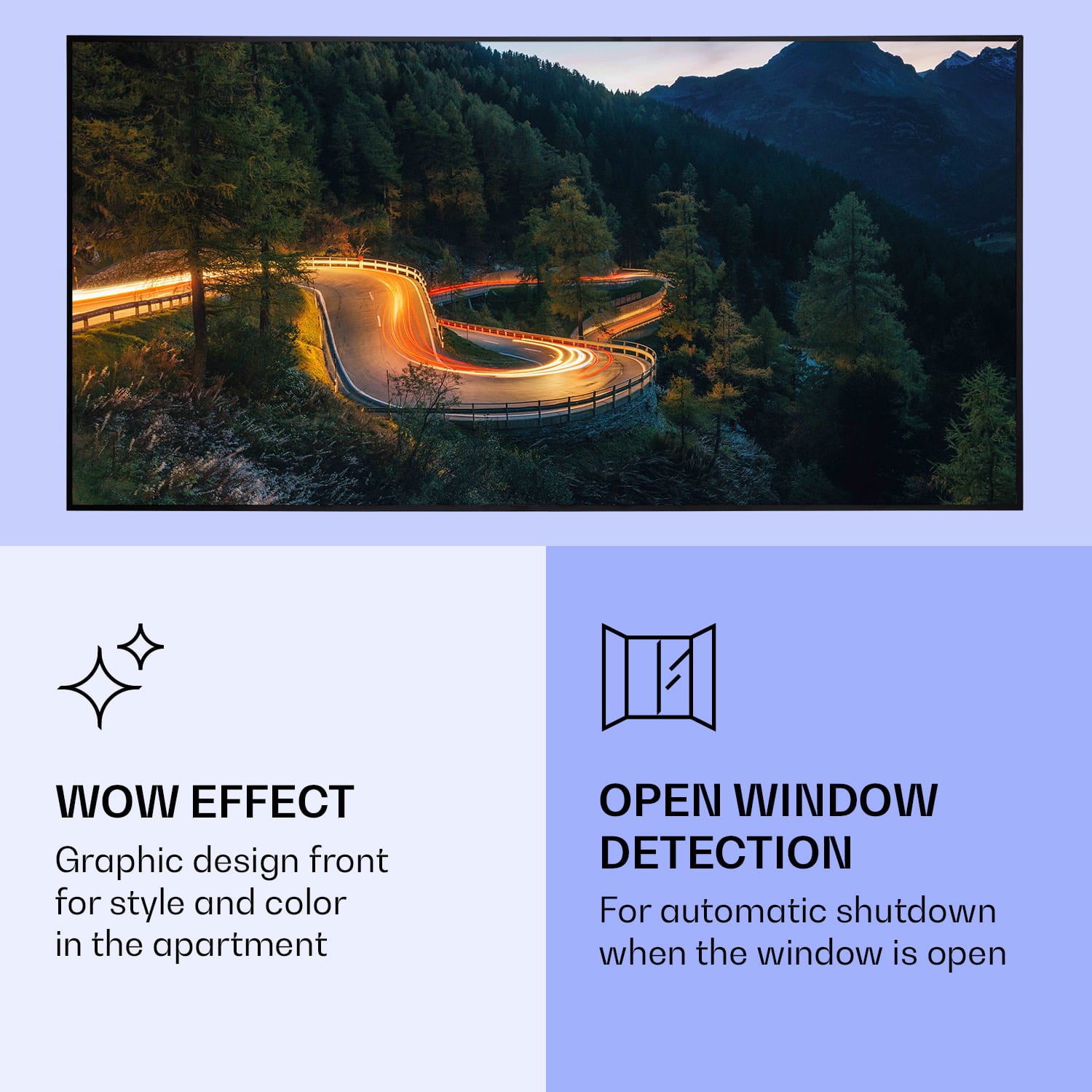 Klarstein Wonderwall Air Art Smart, infračervený ohrievač, 120 x 60 cm, 700 W, horská cesta – Obrázok 5