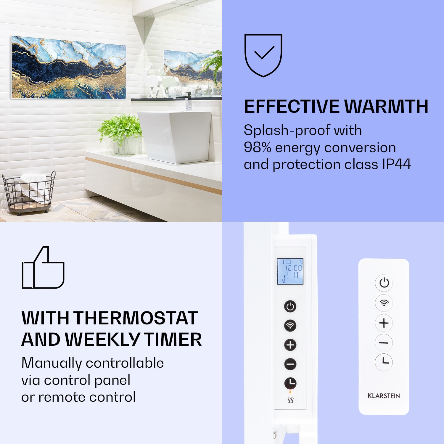Klarstein Wonderwall Air Art Smart, infračervený ohrievač, 120 x 60 cm, 700 W, modrý mramor – Obrázok 3