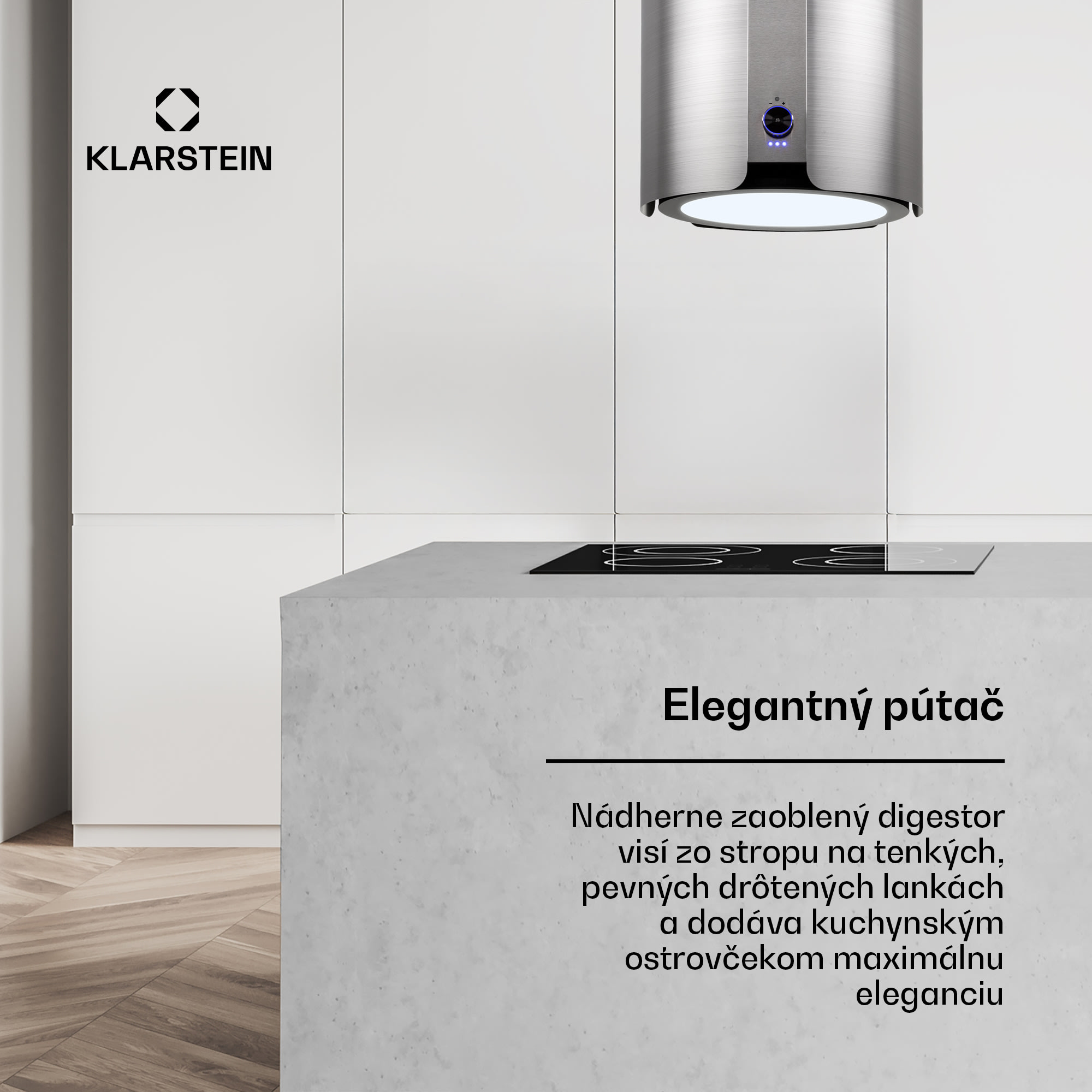 Klarstein Skyfall, digestor, 45 cm, ostrovčekový, 402 m³/h, LED, nehrdzavejúca oceľ, strieborný