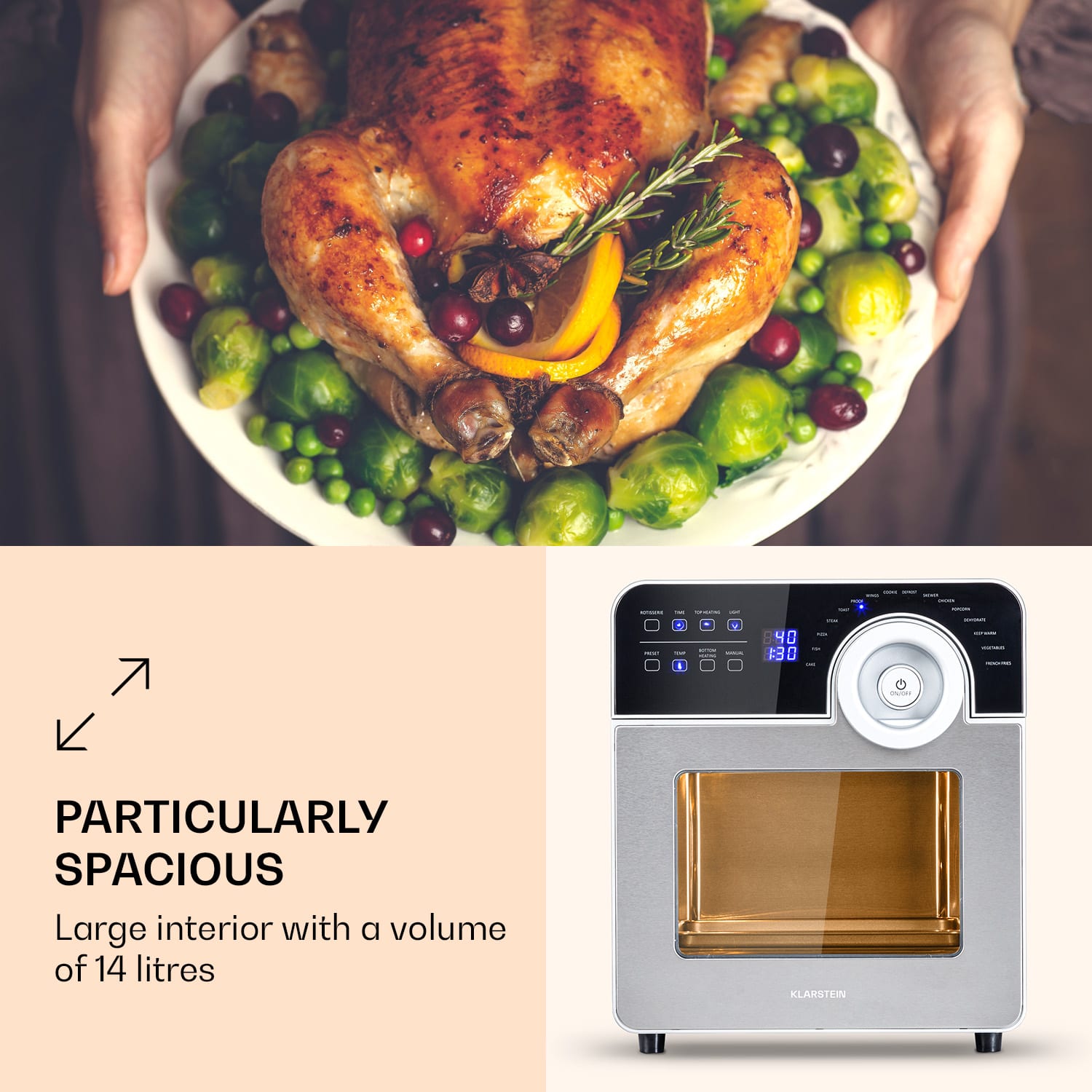 Klarstein AeroVital Cube Chef, teplovzdušná fritéza, 1700 W, 14 l, 16 programov, horný a spodný ohrev