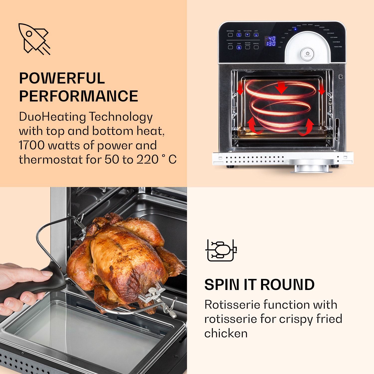 Klarstein AeroVital Cube Chef, teplovzdušná fritéza, 1700 W, 14 l, 16 programov, horný a spodný ohrev – Obrázok 2