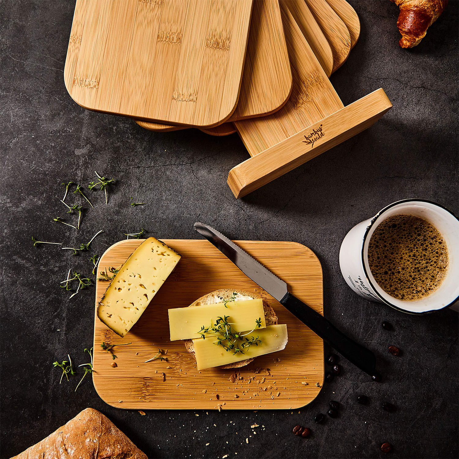 Klarstein 6-dielna súprava bambusových raňajkových dosiek so stojanom, 22 x 0,9 x 16 cm (ŠxVxH), jednoduchá údržba – Obrázok 4