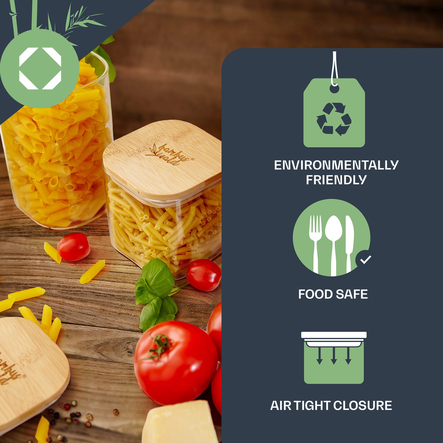 Klarstein Hranatá nádoba na skladovanie potravín s bambusovým vrchnákom, 6 x 15 cm, 300 ml, vzduchotesná, so silikónovým tesnením – Obrázok 2