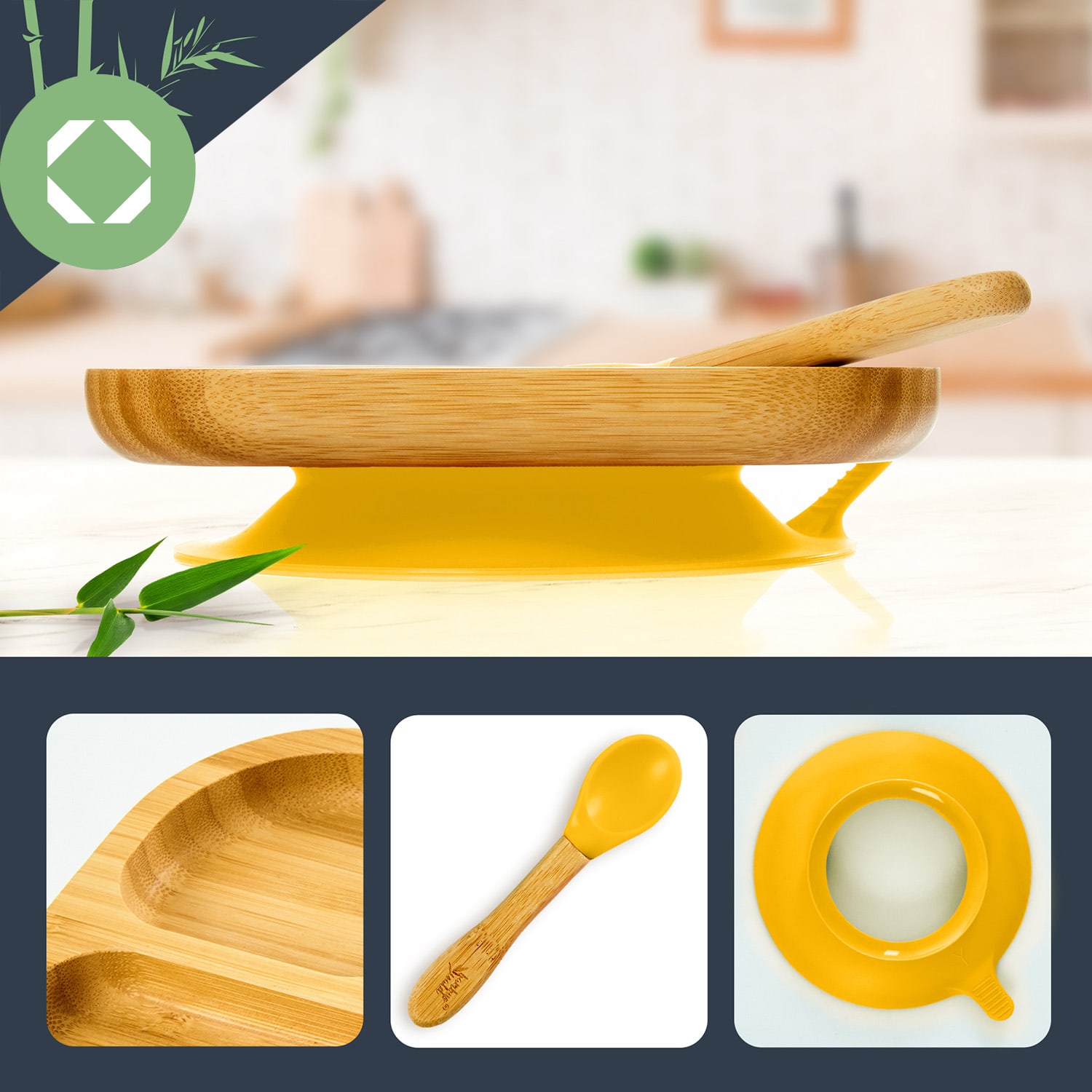 Klarstein Detská jedálenská súprava, s bambusovým tanierom a lyžicou, 250 ml, vrátane prísavky, 18 × 18 cm