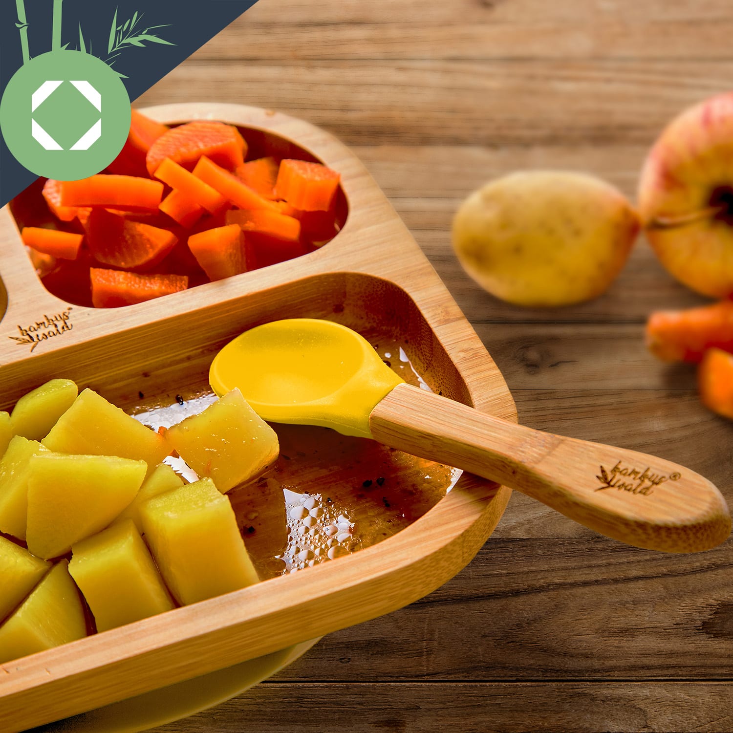 Klarstein Detská jedálenská súprava, s bambusovým tanierom a lyžicou, 250 ml, vrátane prísavky, 18 × 18 cm – Obrázok 5