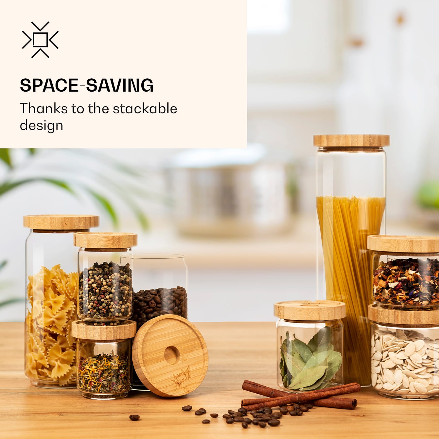 Klarstein Skladovacia nádoba, s bambusovým uzáverom, 1000 ml, stohovateľná, vzduchotesná – Obrázok 2