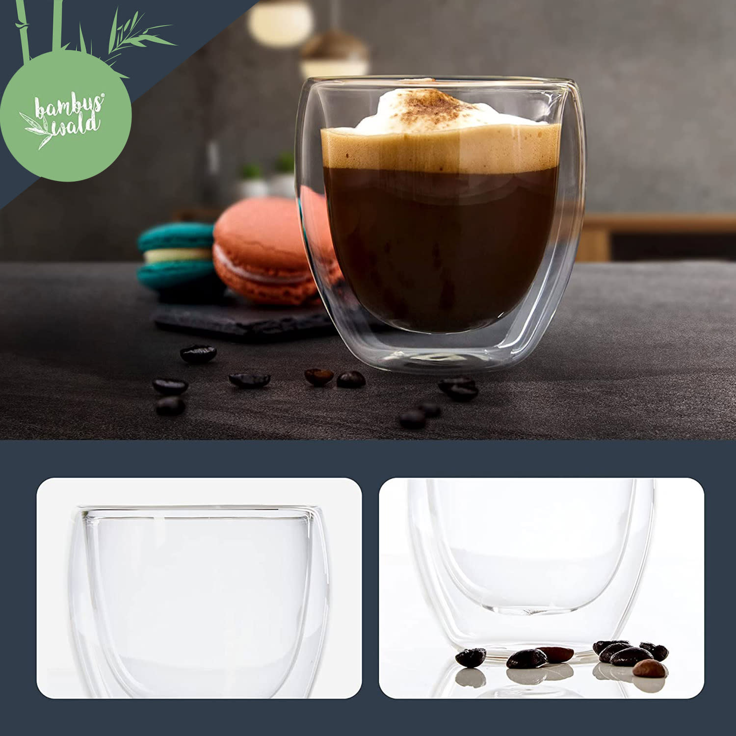 Bambuswald Pohár na kávu, 100 ml, termopohár, ručná výroba, borosilikátové sklo – Obrázok 2