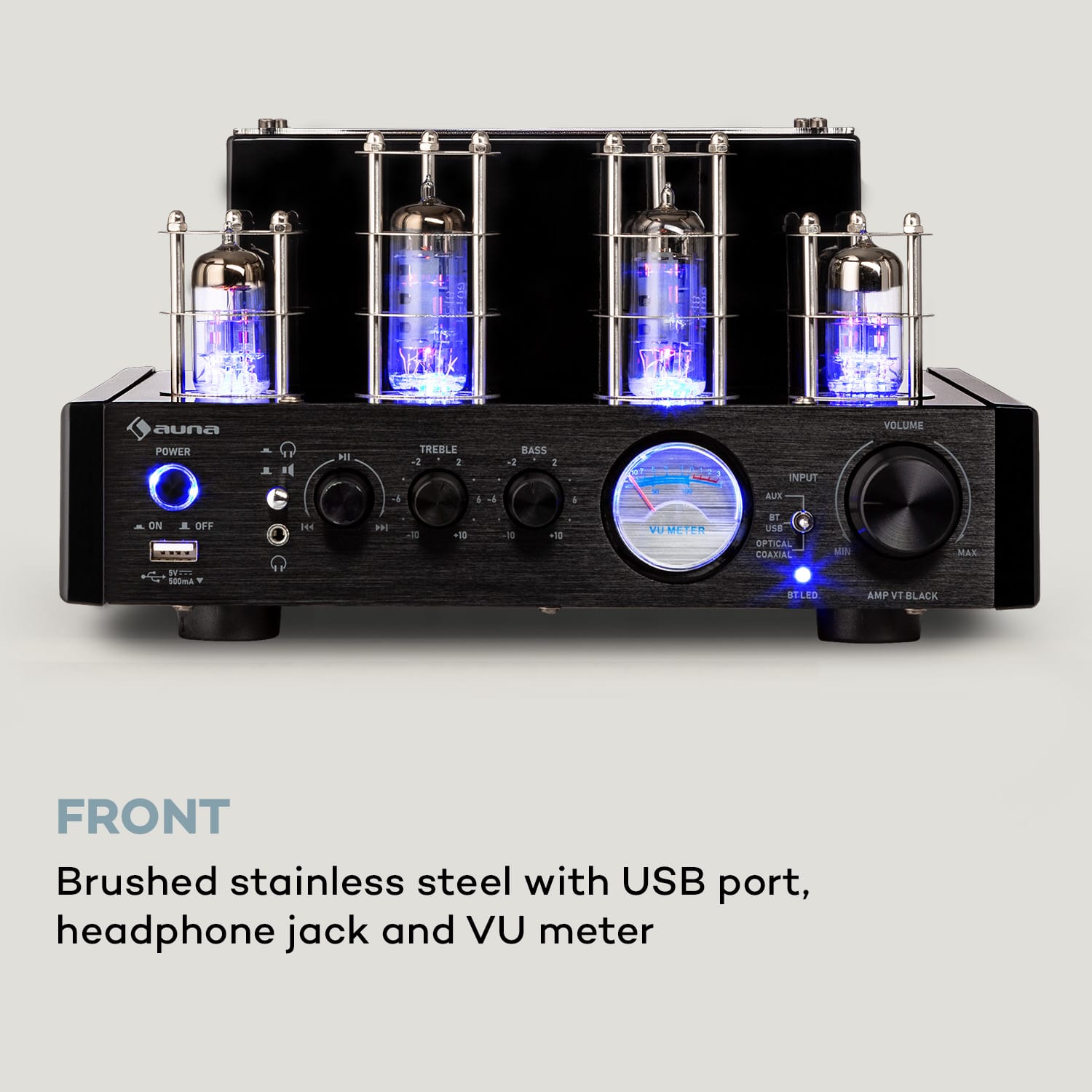 Auna Amp VT elektrónkový zosilňovač, HiFi zosilňovač, 2x35W RMS, BT, Opt./Coax./AUX-In – Obrázok 4