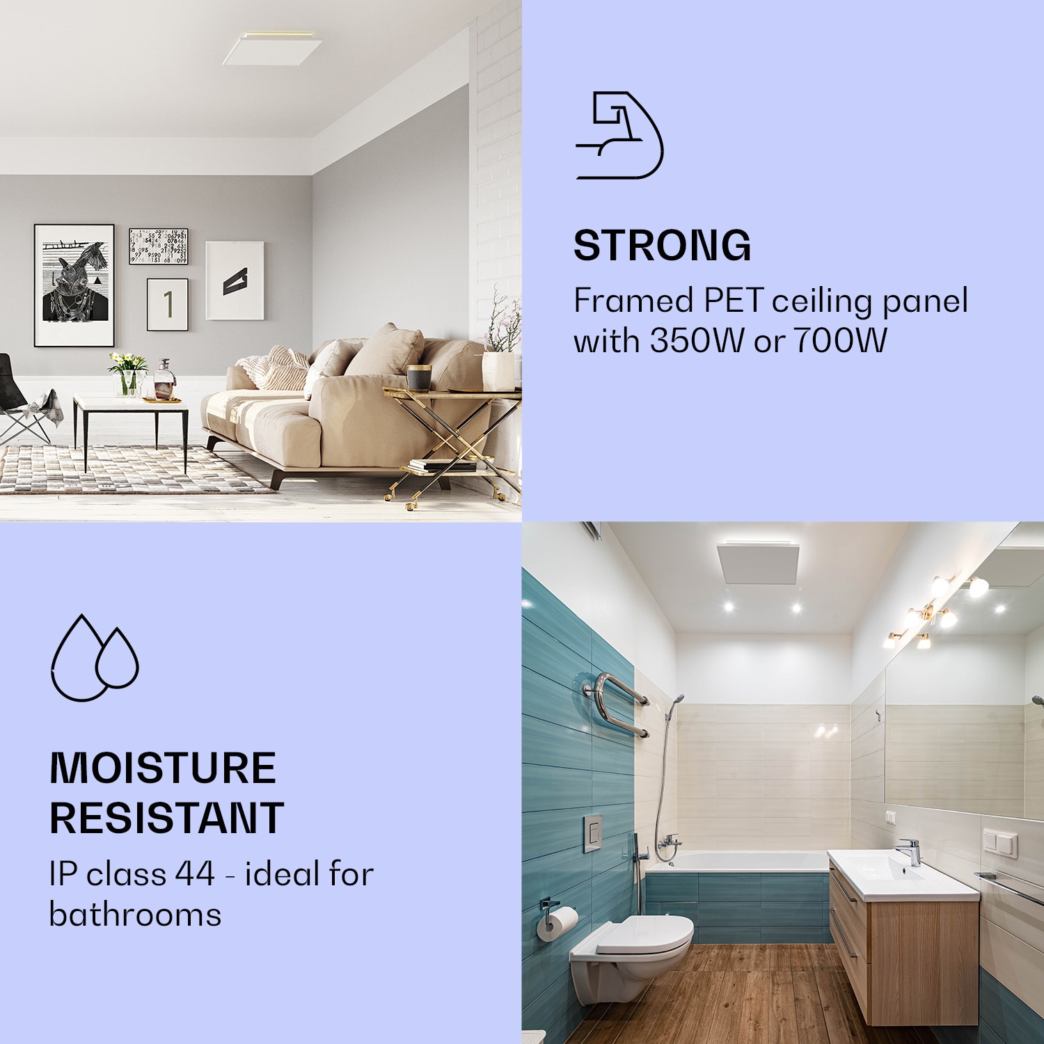 Klarstein Wondersky, infračervený stropný ohrievač, súprava 2 ohrievačov, 60 x 6,5 x 60 cm (Š x V x H), 350 W, IP44 – Obrázok 4