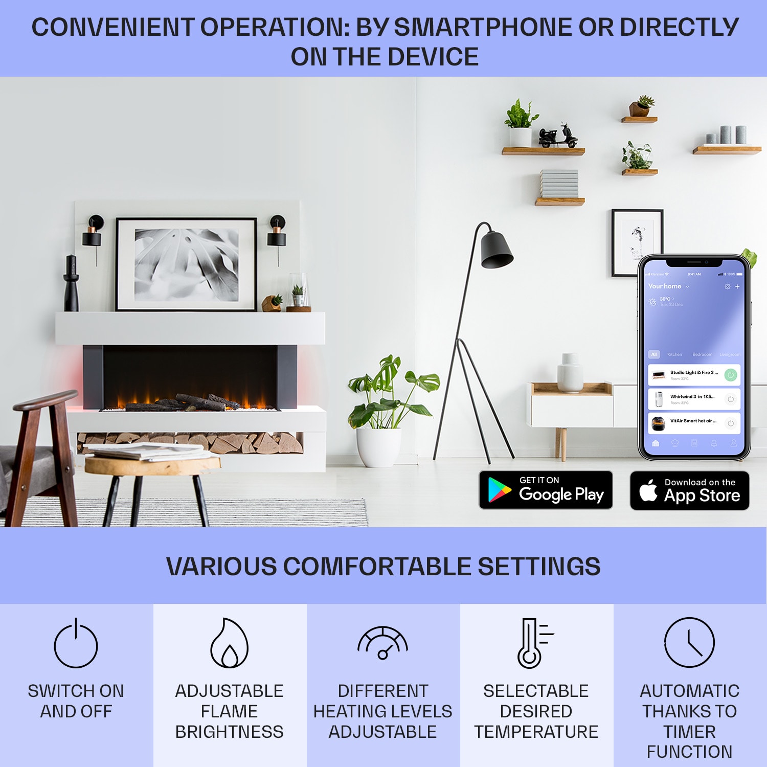 Klarstein Studio Light & Fire 3 Smart, krb, 1000/2000 W, MDF, WiFi Control – Obrázok 5