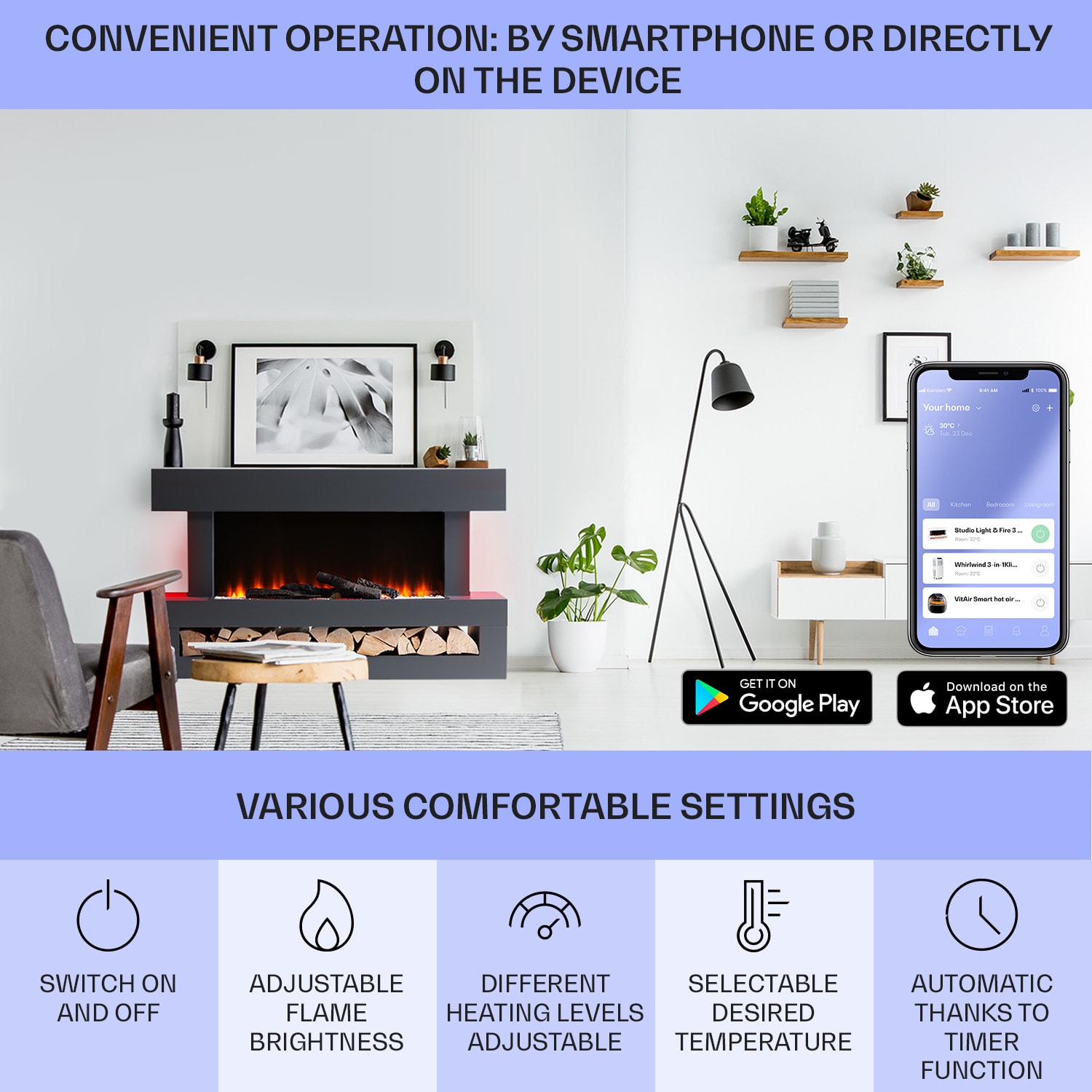 Klarstein Studio Light & Fire 3 Smart, krb, 1000/2000 W, MDF, WiFi Control – Obrázok 5