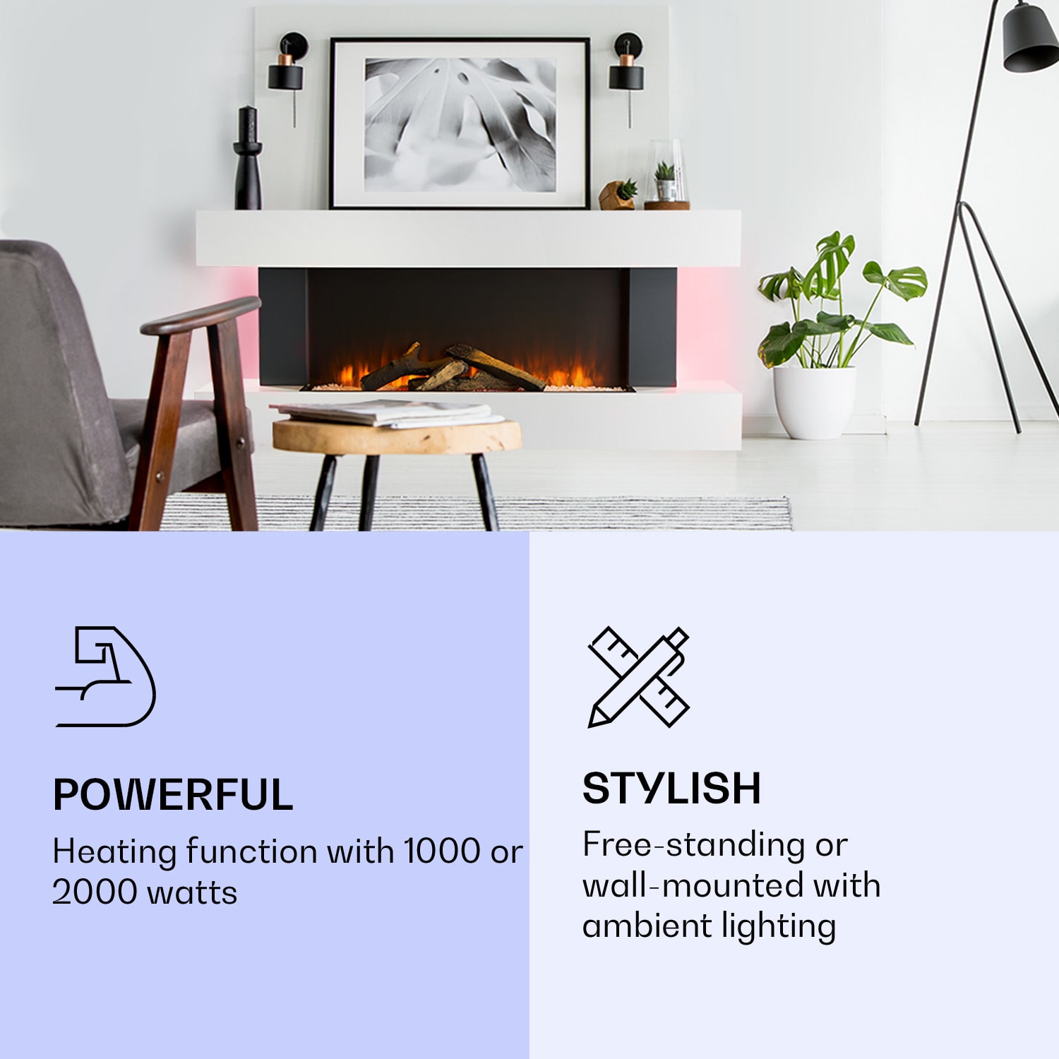 Klarstein Studio Light & Fire 1 Smart, krb, 1000/2000 W, MDF, WiFi Control – Obrázok 2