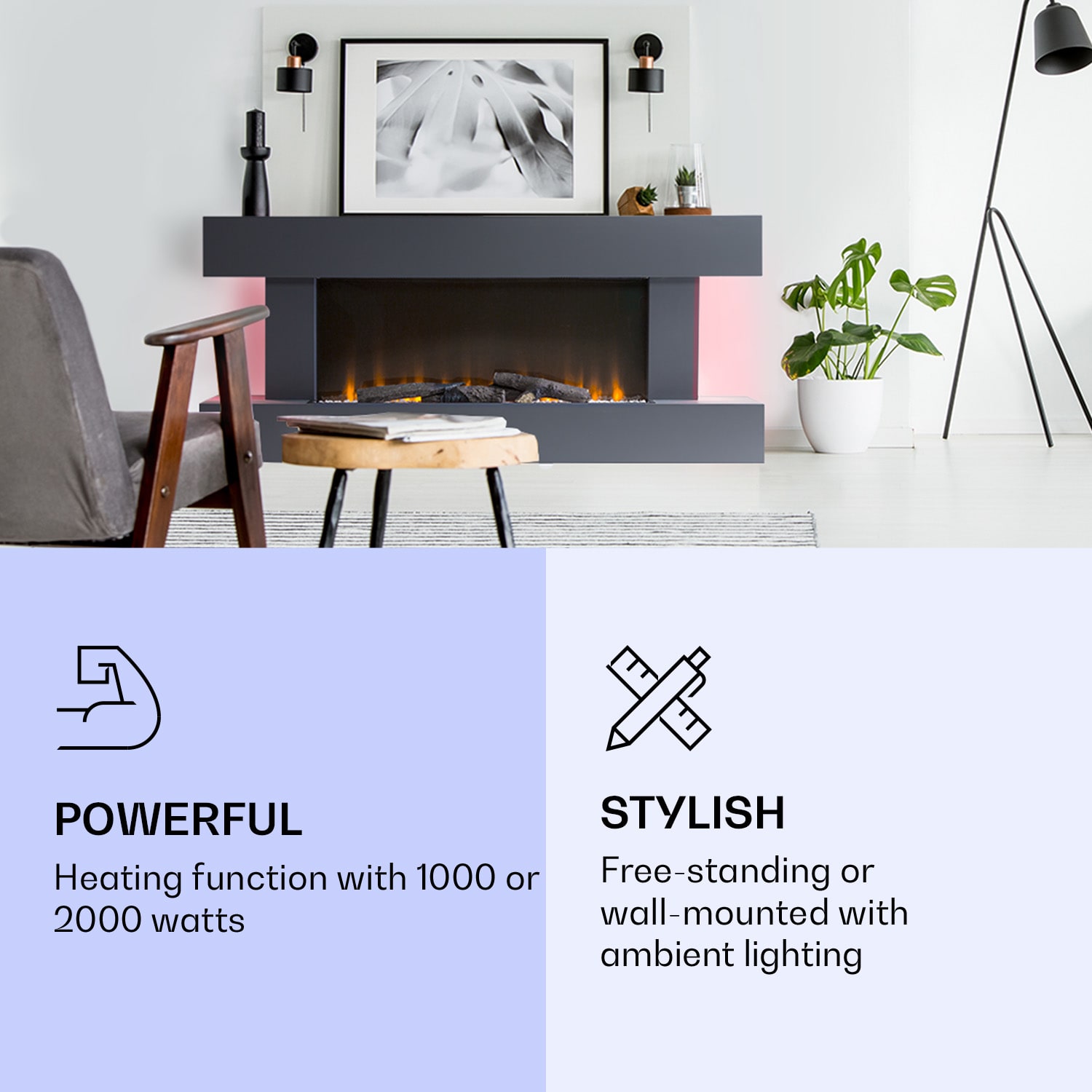 Klarstein Studio Light & Fire 1 Smart, krb, 1000/2000 W, MDF, WiFi Control – Obrázok 2