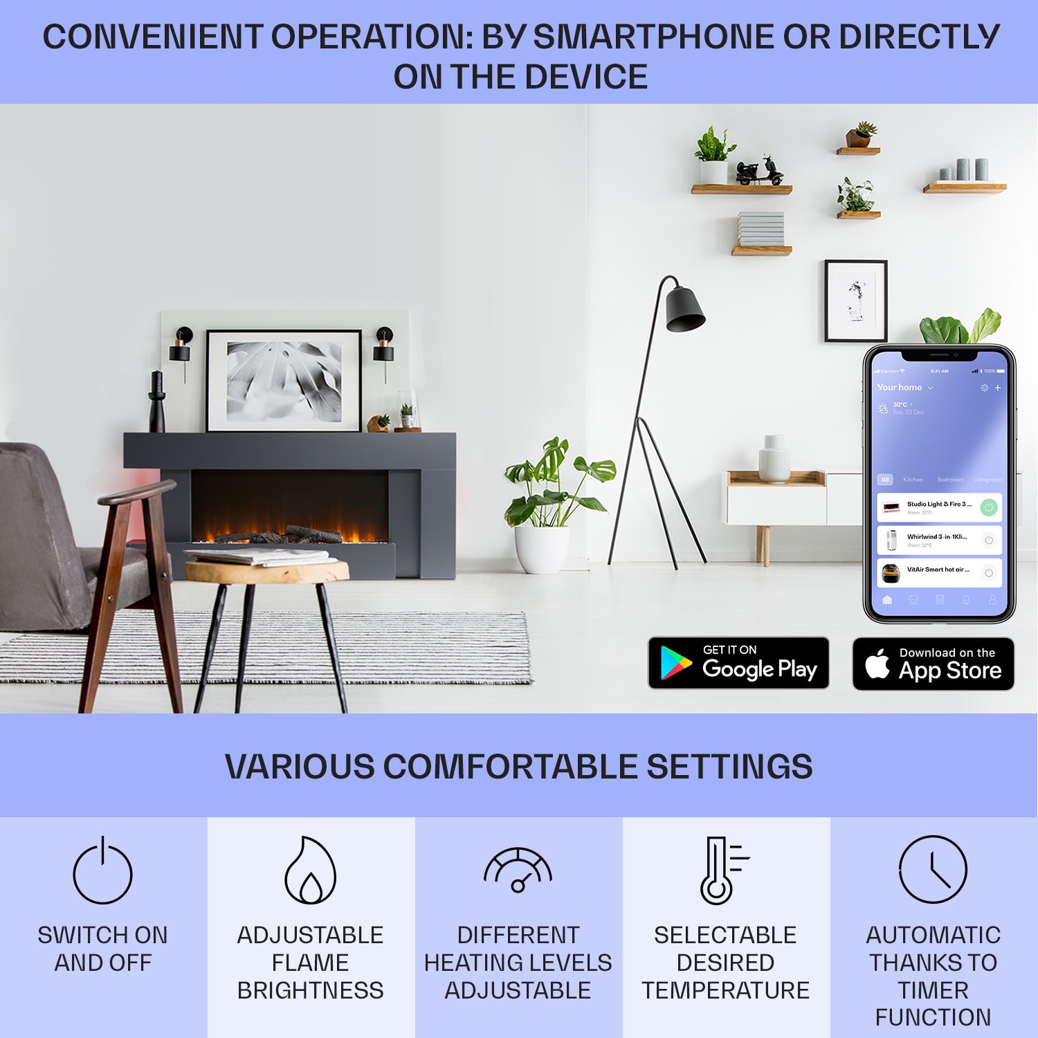 Klarstein Studio Light & Fire 2 Smart, krb, 1000/2000 W, MDF, WiFi Control – Obrázok 5