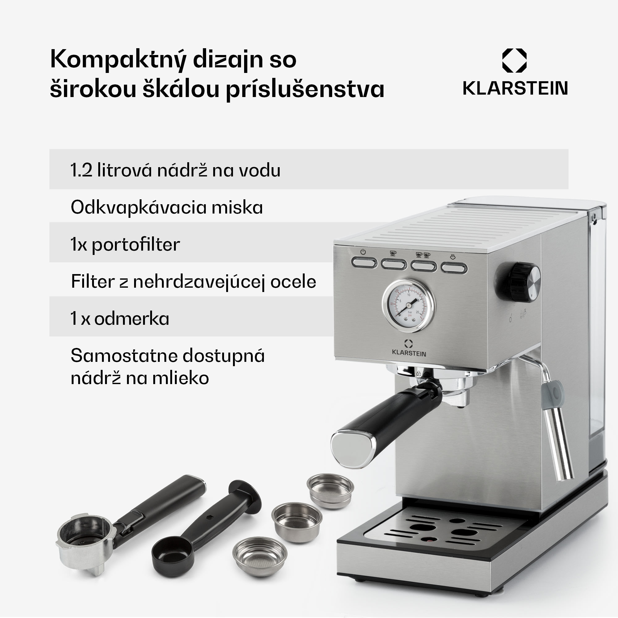 Klarstein Pausa, pákový kávovar, 1350 W, 20 bar, 1,4 l, nehrdzavejúca oceľ – Obrázok 5