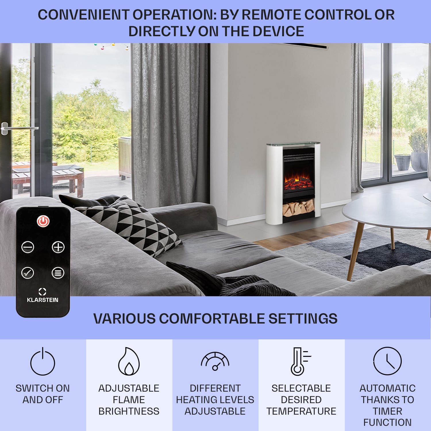 Klarstein Studio 5 Arc, elektrický krb, 1800 W, LED plamene, ventilátor, diaľkové ovládanie – Obrázok 5