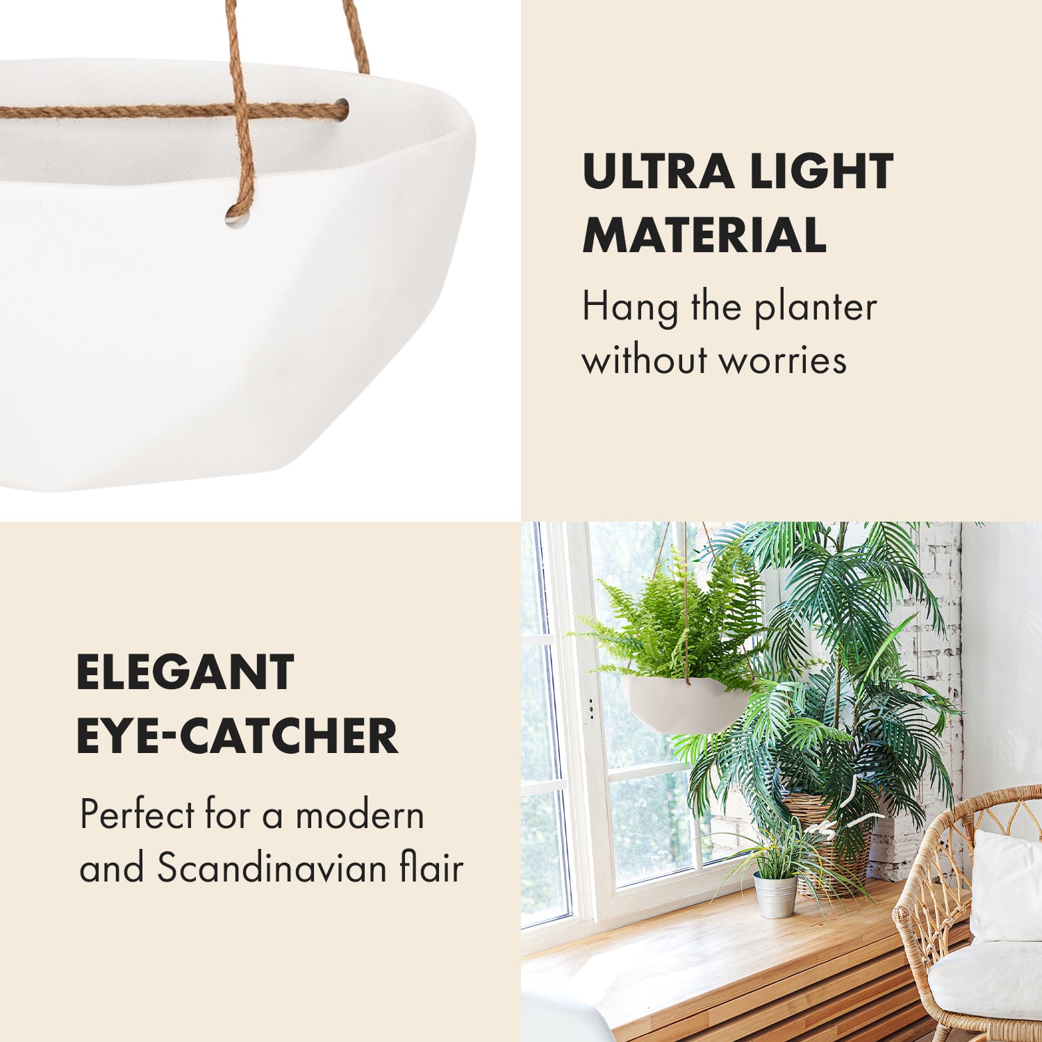 Blumfeldt Laren, závesný kvetináč, Ø 28 cm, Polystone, s prírodnými lanami, súprava 2 kusov – Obrázok 2