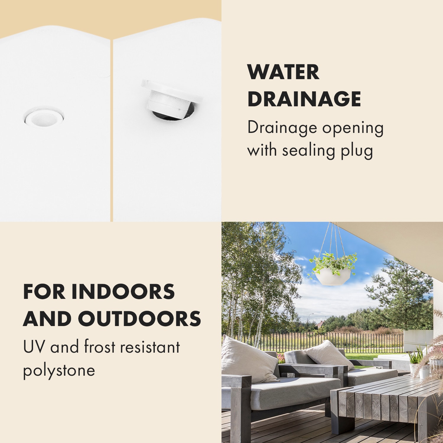 Blumfeldt Laren, závesný kvetináč, Ø 28 cm, Polystone, s prírodnými lanami, súprava 2 kusov – Obrázok 3