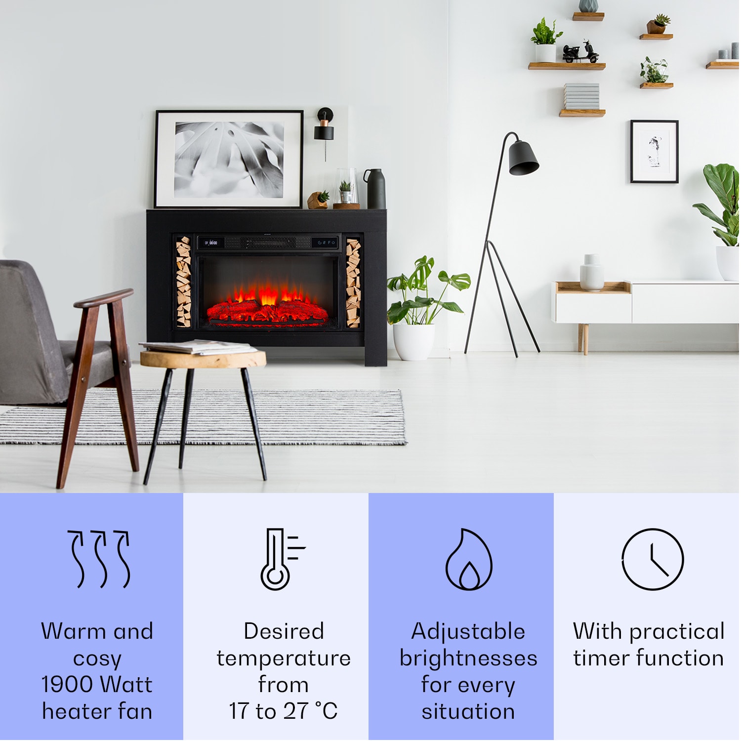 Klarstein Studio Loft 2, elektrický krb, 1900 W, LED technológia, diaľkové ovládanie – Obrázok 2