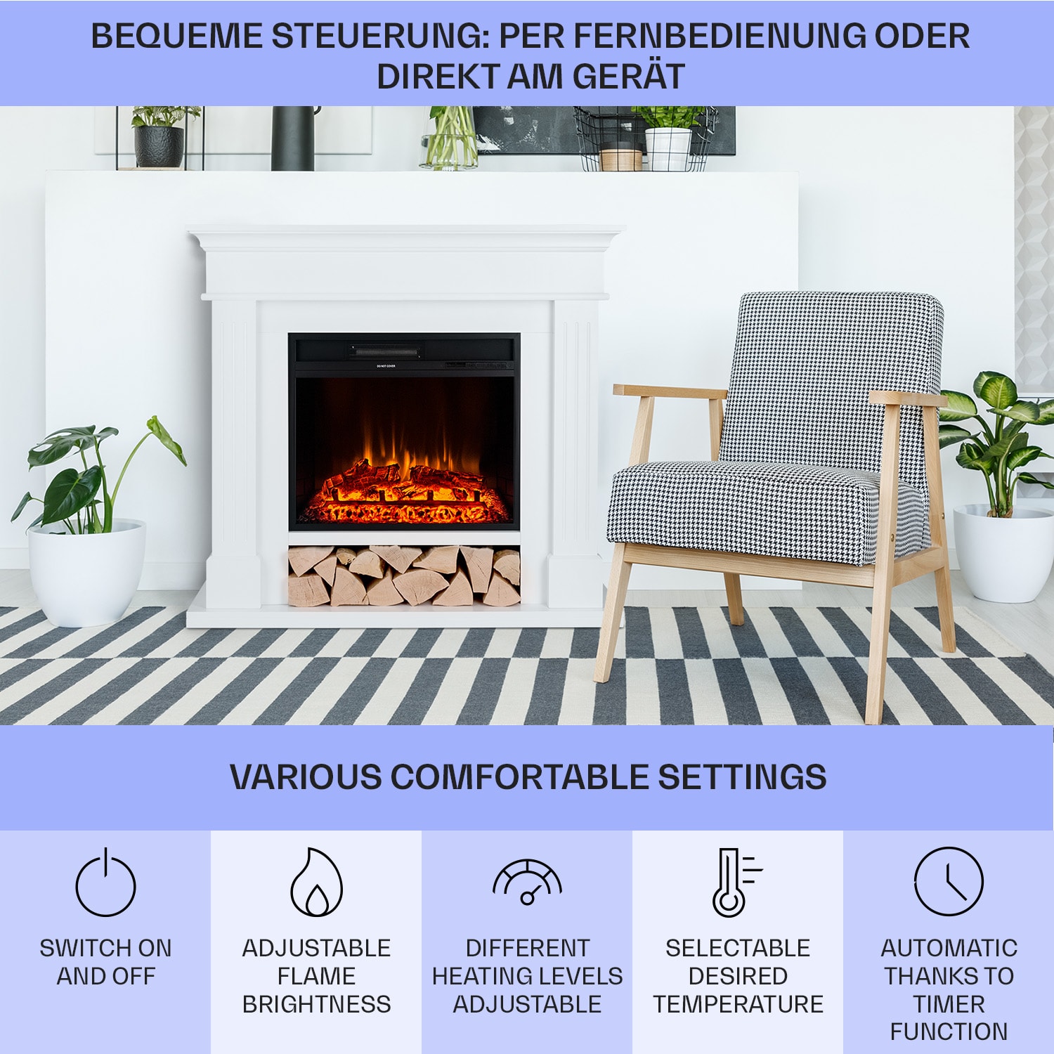 Klarstein Las Pilas, elektrický krbový ohrievač s ventilátorom, 900/1800 W, týždenný časovač, diaľkové ovládanie – Obrázok 4