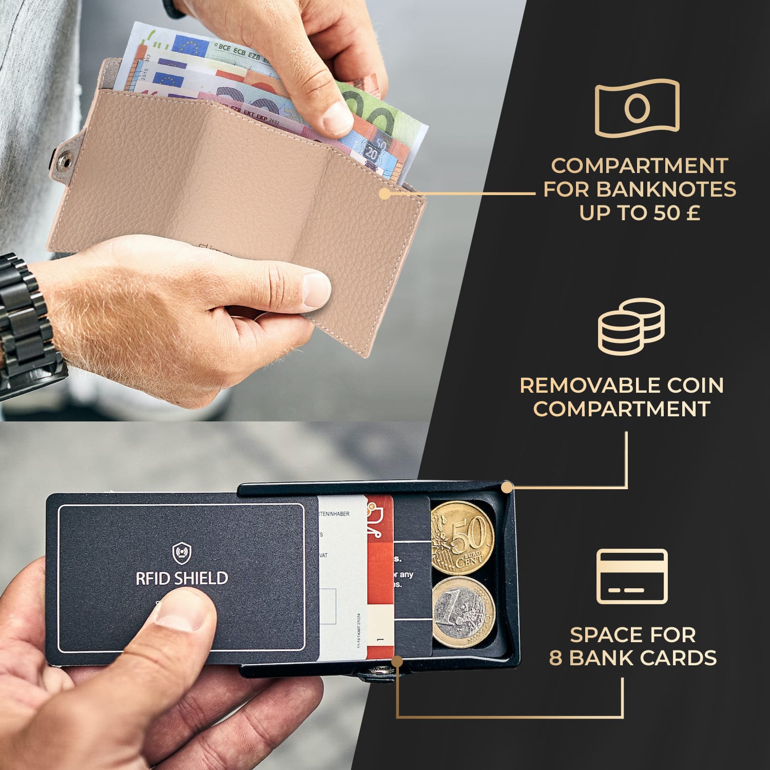 Slimpuro ZNAP Slim Wallet, 8 kariet, priehradka na mince, 8,9 x 1,5 x 6,3 cm (Š x V x H), ochrana RFID