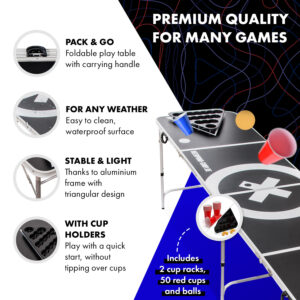 BeerCup Baseliner, súprava so stolom na beer pong, audio, držadlá, držiak na loptičky, 6 loptičiek