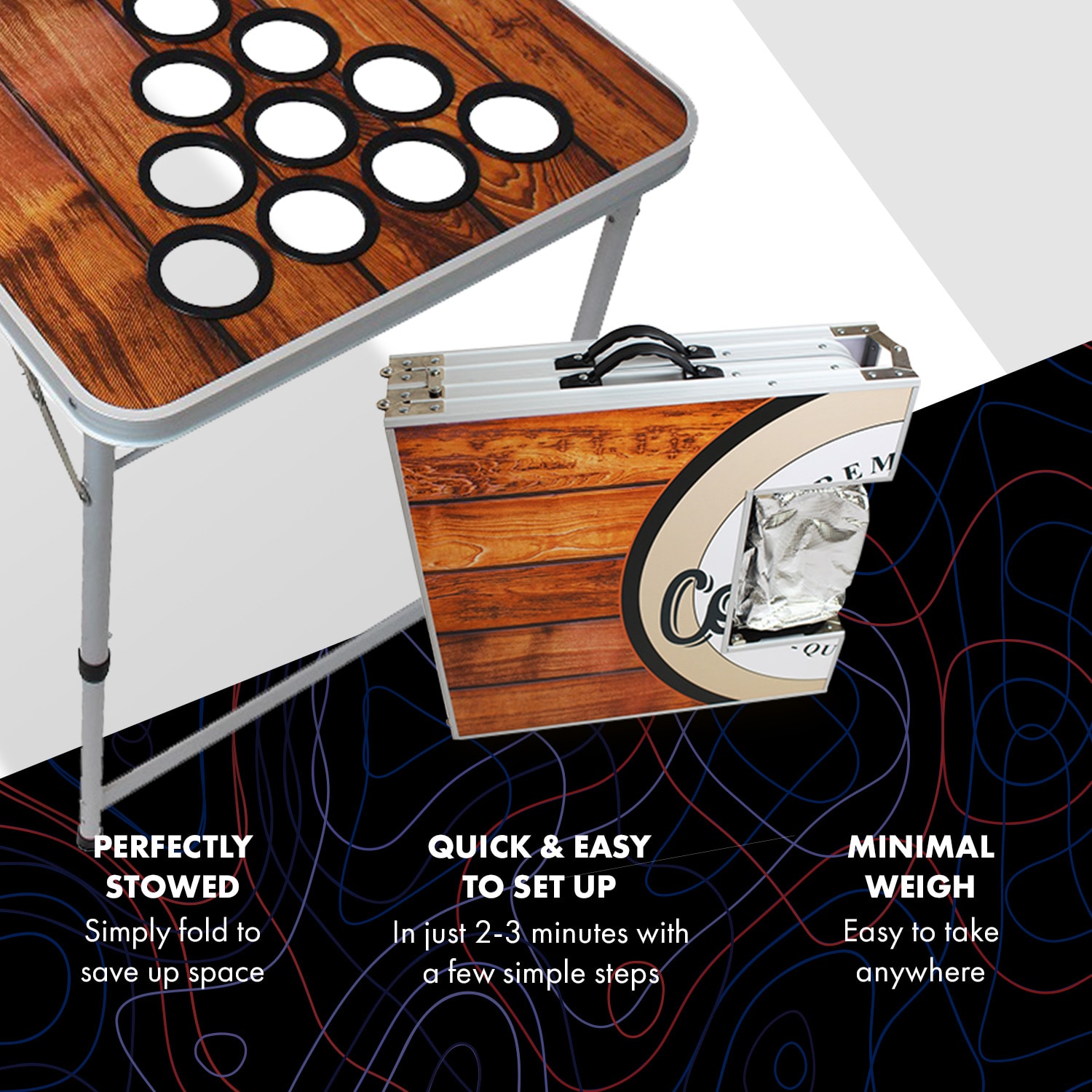 BeerCup Backspin Beer Pong, stôl, súprava, drevený, priehradka na ľad, 6 loptičiek – Obrázok 2