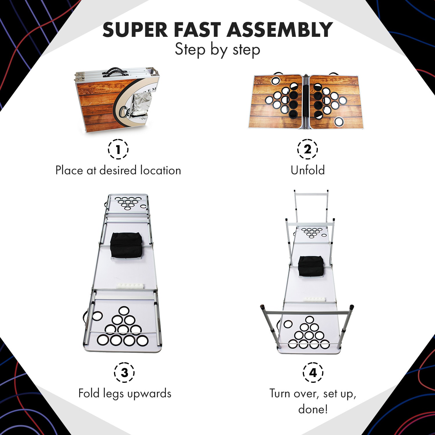 BeerCup Backspin Beer Pong, stôl, súprava, drevený, priehradka na ľad, 6 loptičiek – Obrázok 4