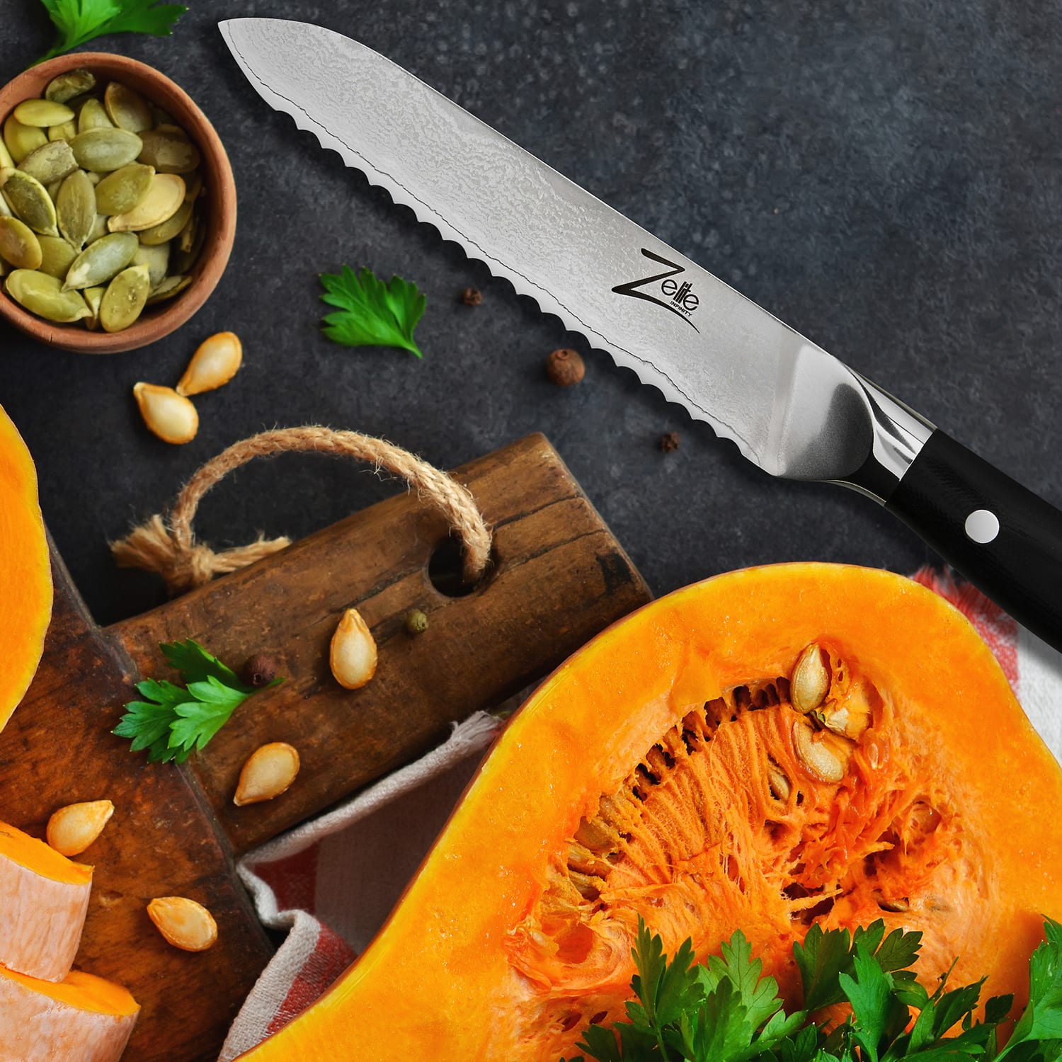 Zelite Infinity by Klarstein Alpha-Royal Japanese Series, 5,5" univerzálny nôž, zúbkovaný okraj, damašková oceľ – Obrázok 3