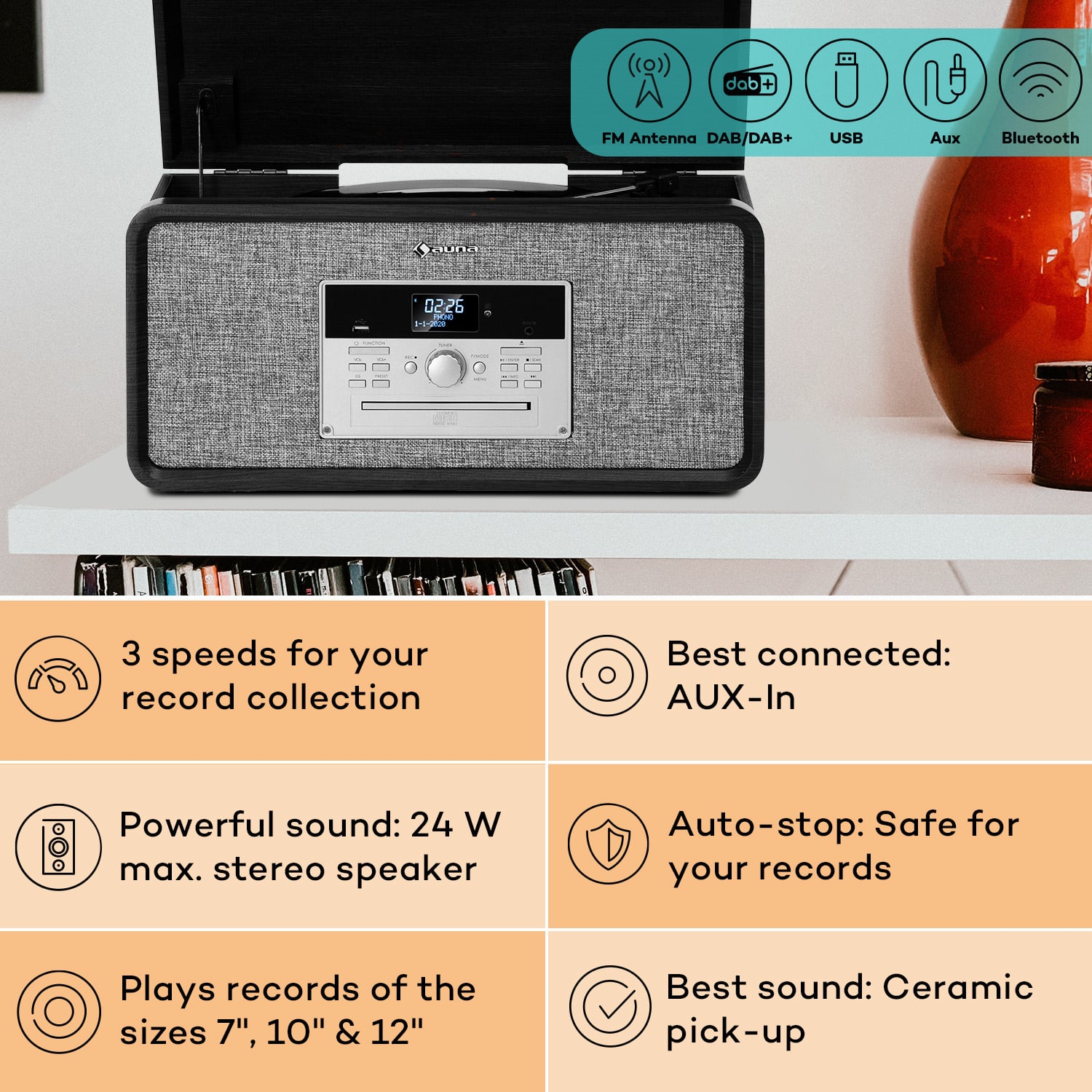 Auna Bella Ann, stereo systém, gramofón, rádio DAB+/UKW, USB, bluetooth