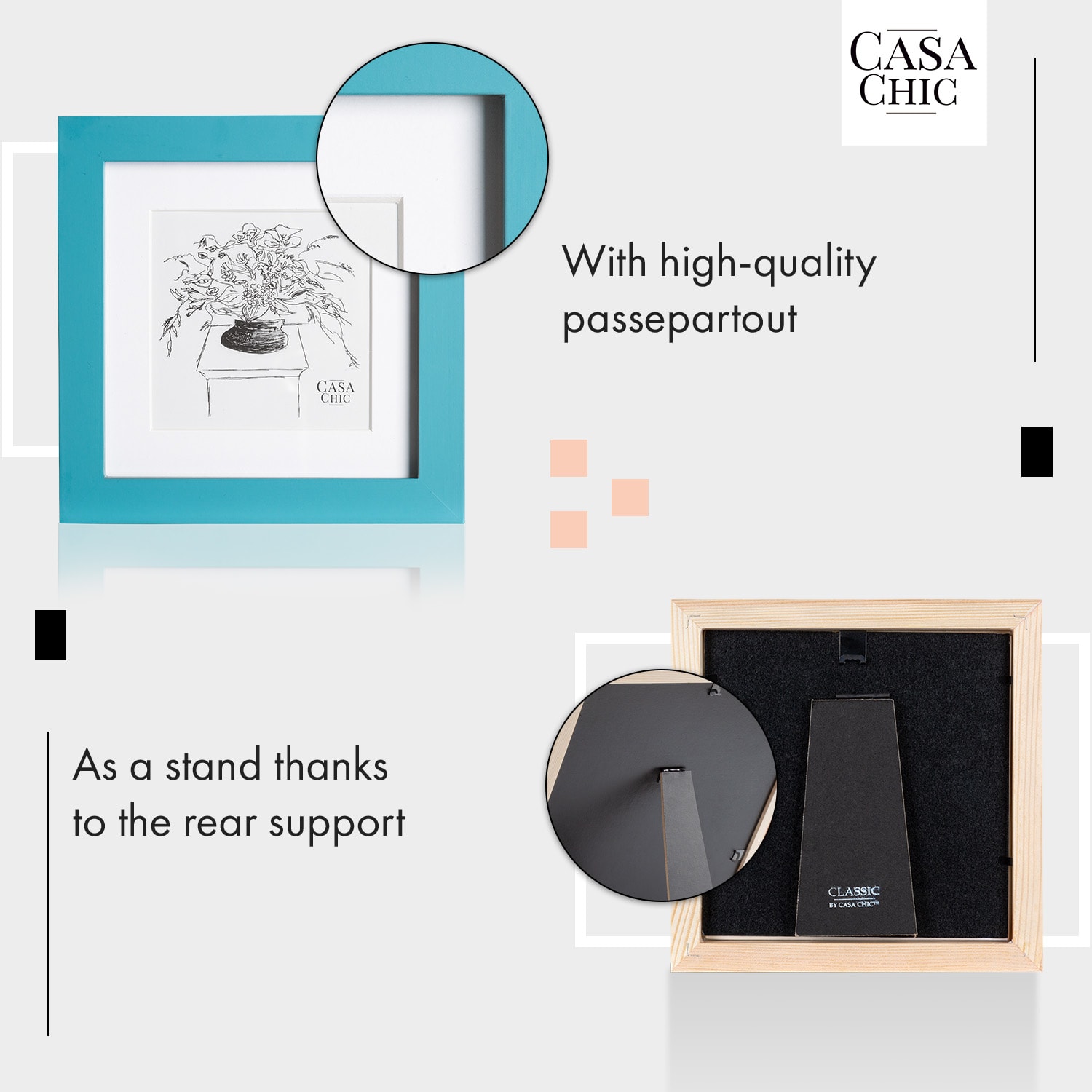 Casa Chic Clapton, rám na obrázky, štvorcový, fotky 15 x 15 cm, pasparta, sklo – Obrázok 3