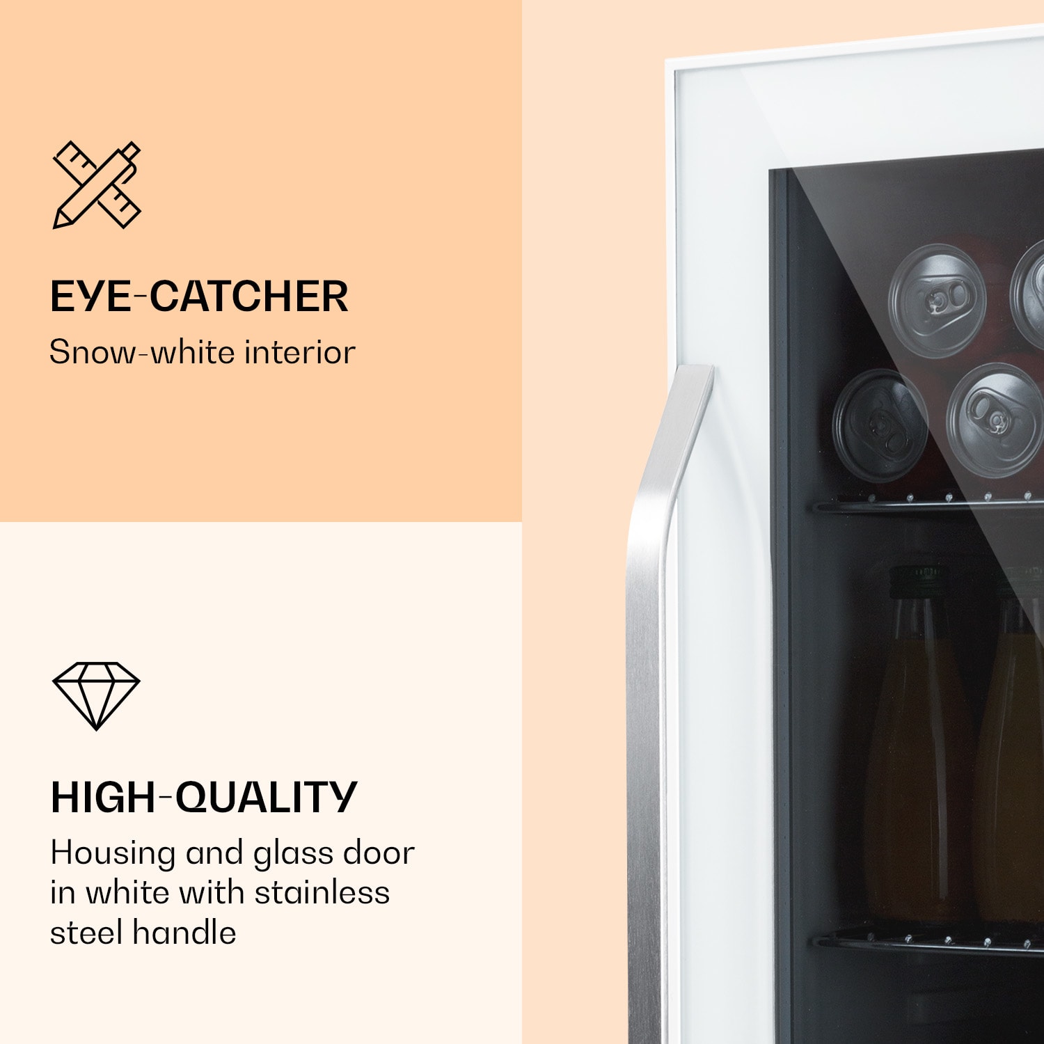 Klarstein Beersafe XXL Quartz, chladnička, energet. trieda E, LED, 3 kovové police, panoramatické sklenené dvierka – Obrázok 2