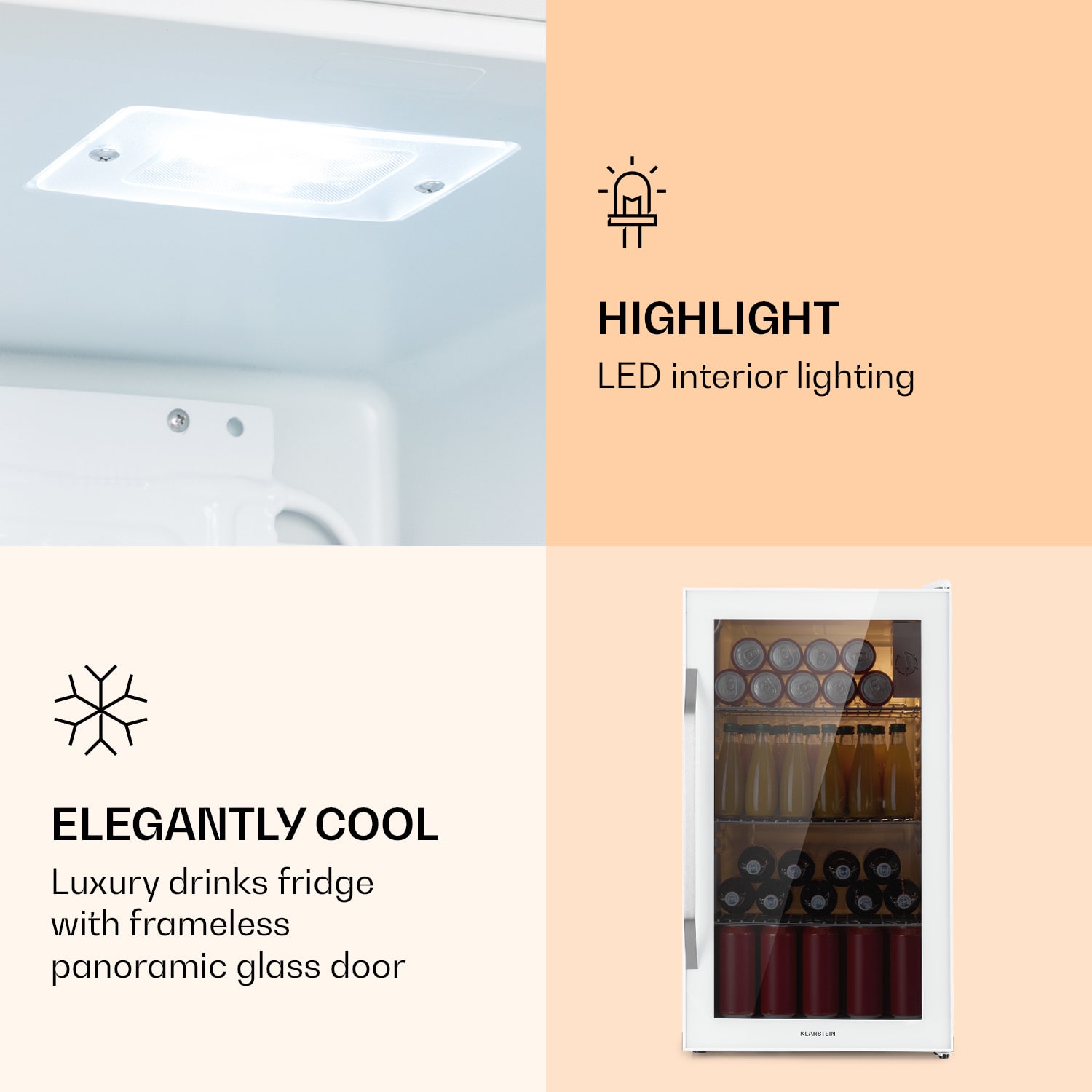 Klarstein Beersafe XXL Quartz, chladnička, energet. trieda E, LED, 3 kovové police, panoramatické sklenené dvierka – Obrázok 3