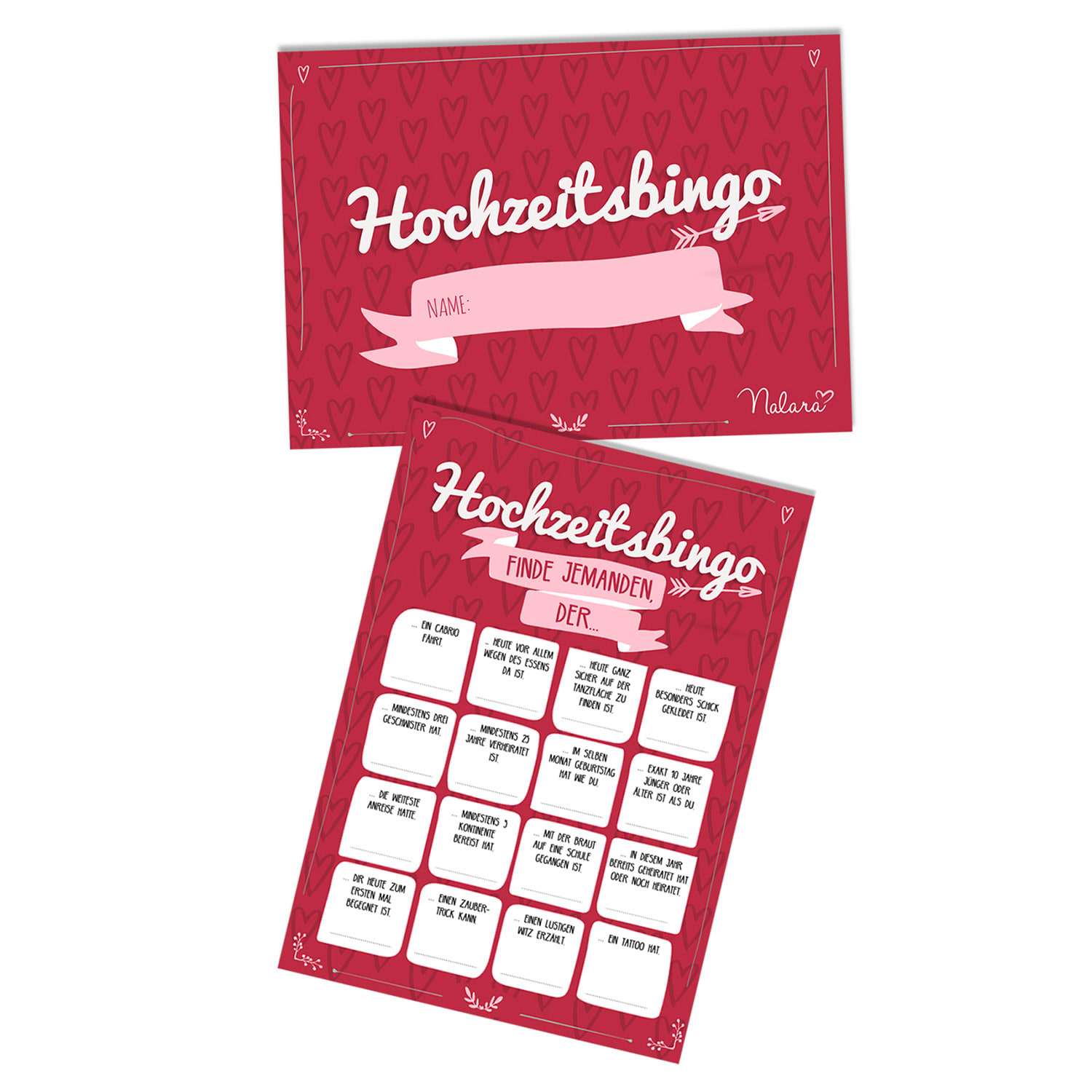 Spielehelden Svadobné bingo 16 otázok o vlastnostiach 50 ks. Dizajn srdcaDIN A5 – Obrázok 5