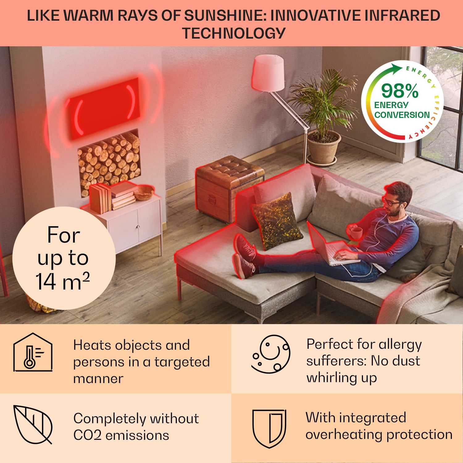 Klarstein La Palma 750 smart, infračervený ohrievač 2 v 1, 85 x 60 cm, 750W, zrkadlová predná časť – Obrázok 3