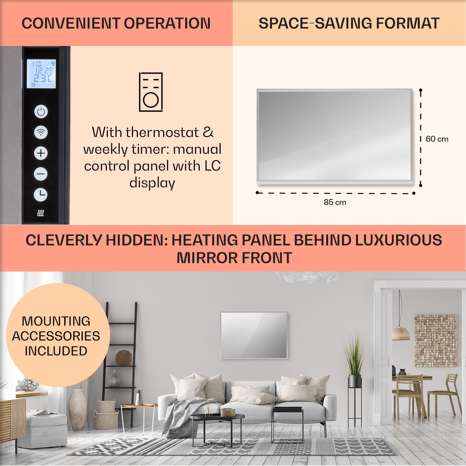 Klarstein La Palma 750 smart, infračervený ohrievač 2 v 1, 85 x 60 cm, 750W, zrkadlová predná časť – Obrázok 5