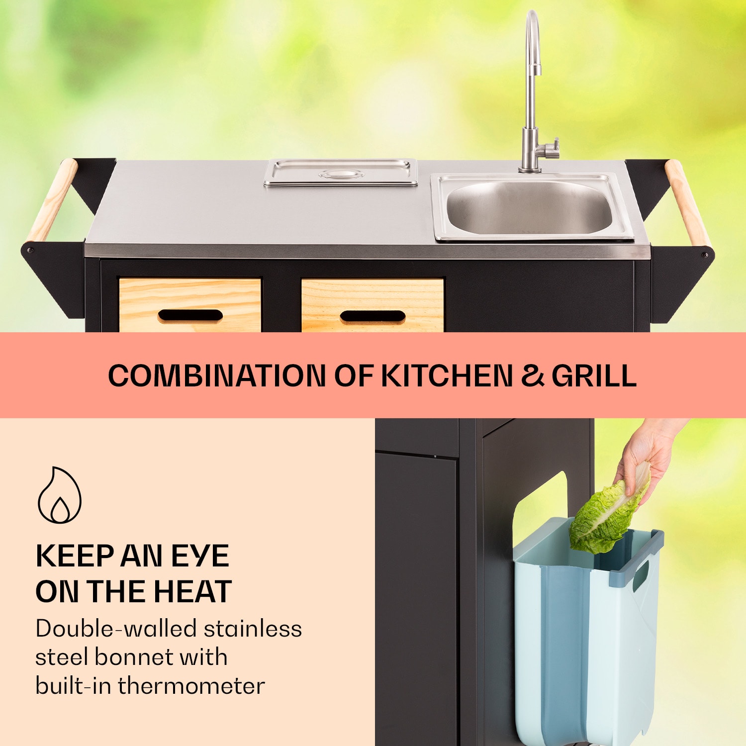 Klarstein Jersey, vonkajšia kuchyňa, drez, ušľachtilá oceľ, prenosná, kryt proti dažďu – Obrázok 2