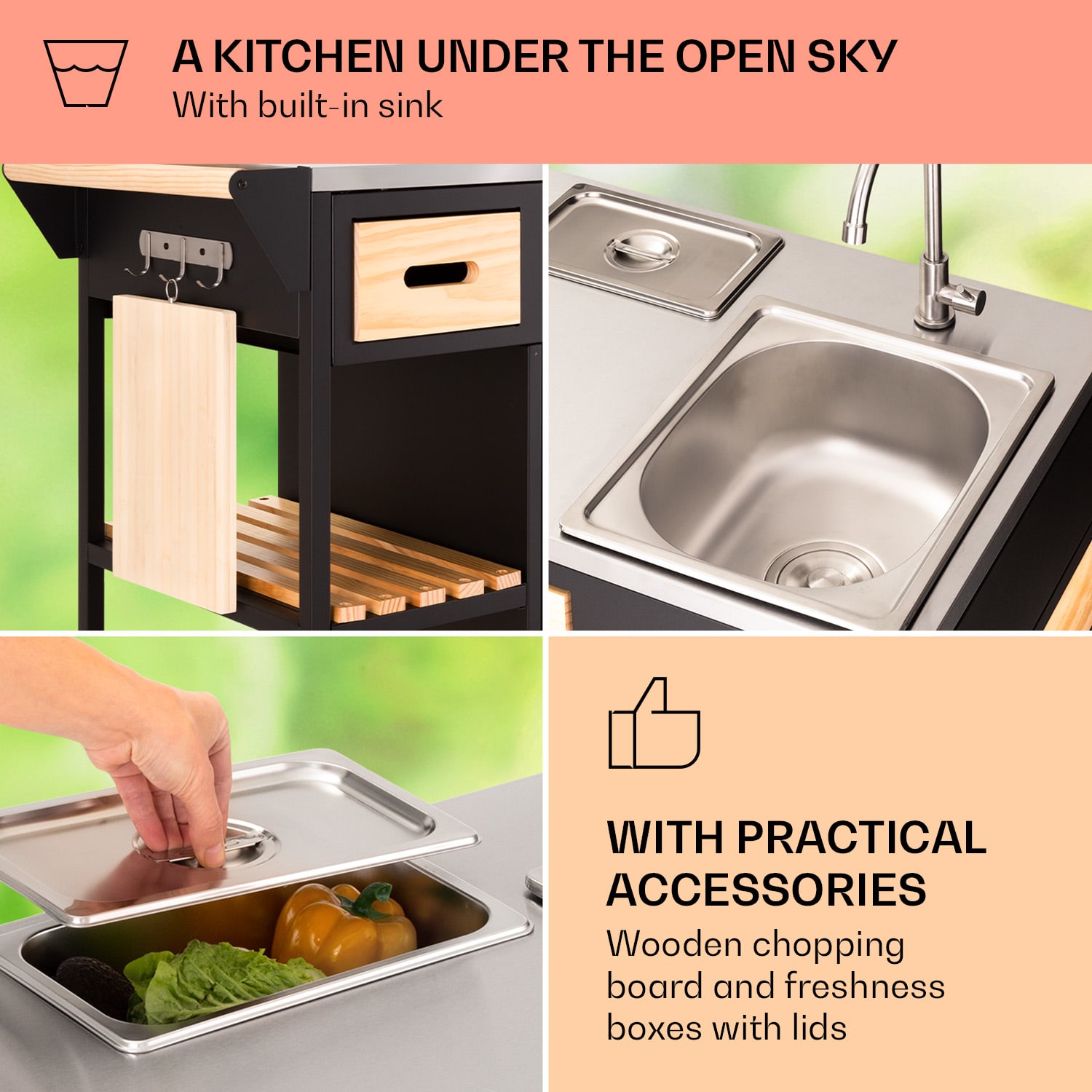 Klarstein Jersey, vonkajšia kuchyňa, drez, ušľachtilá oceľ, prenosná, kryt proti dažďu – Obrázok 3