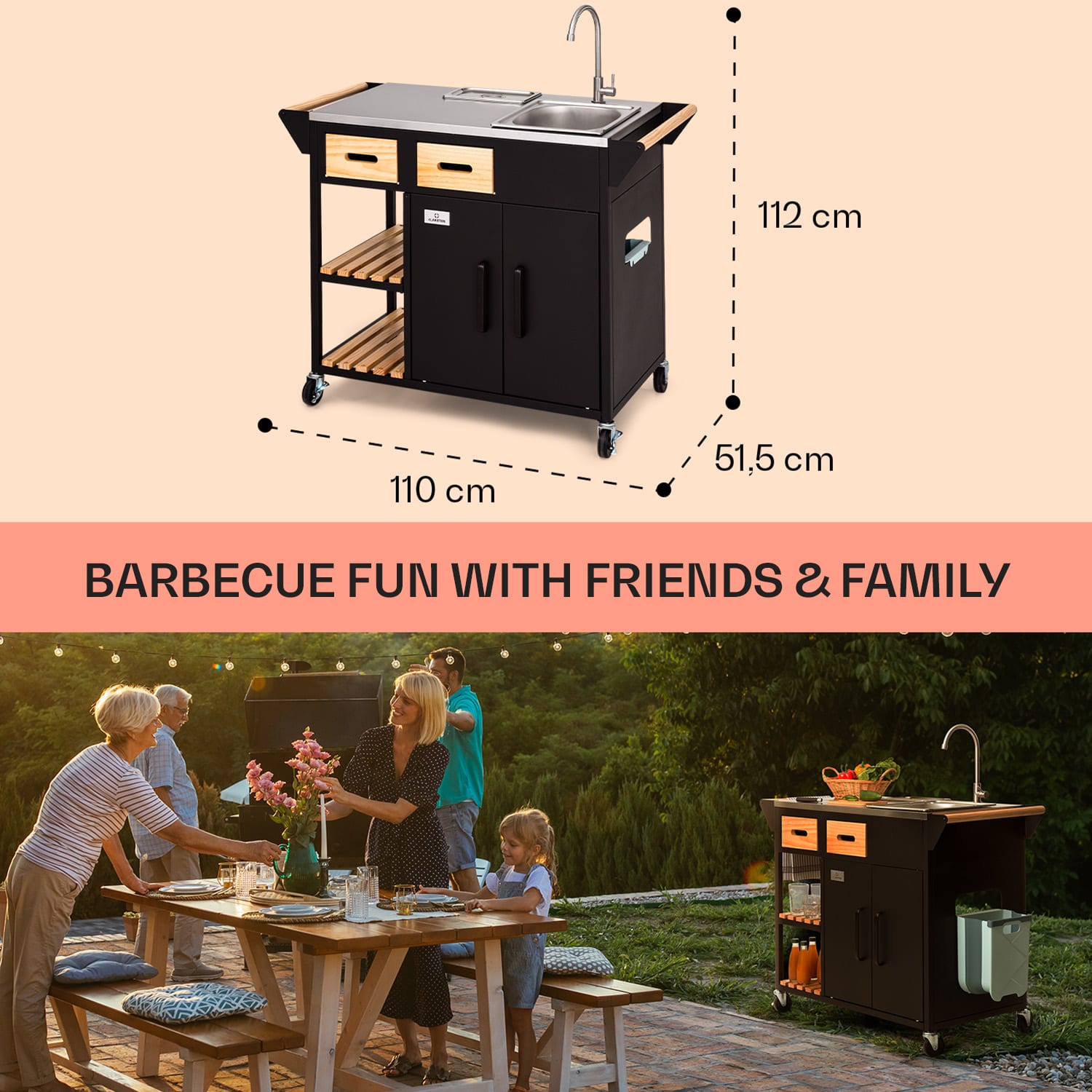 Klarstein Jersey, vonkajšia kuchyňa, drez, ušľachtilá oceľ, prenosná, kryt proti dažďu – Obrázok 5