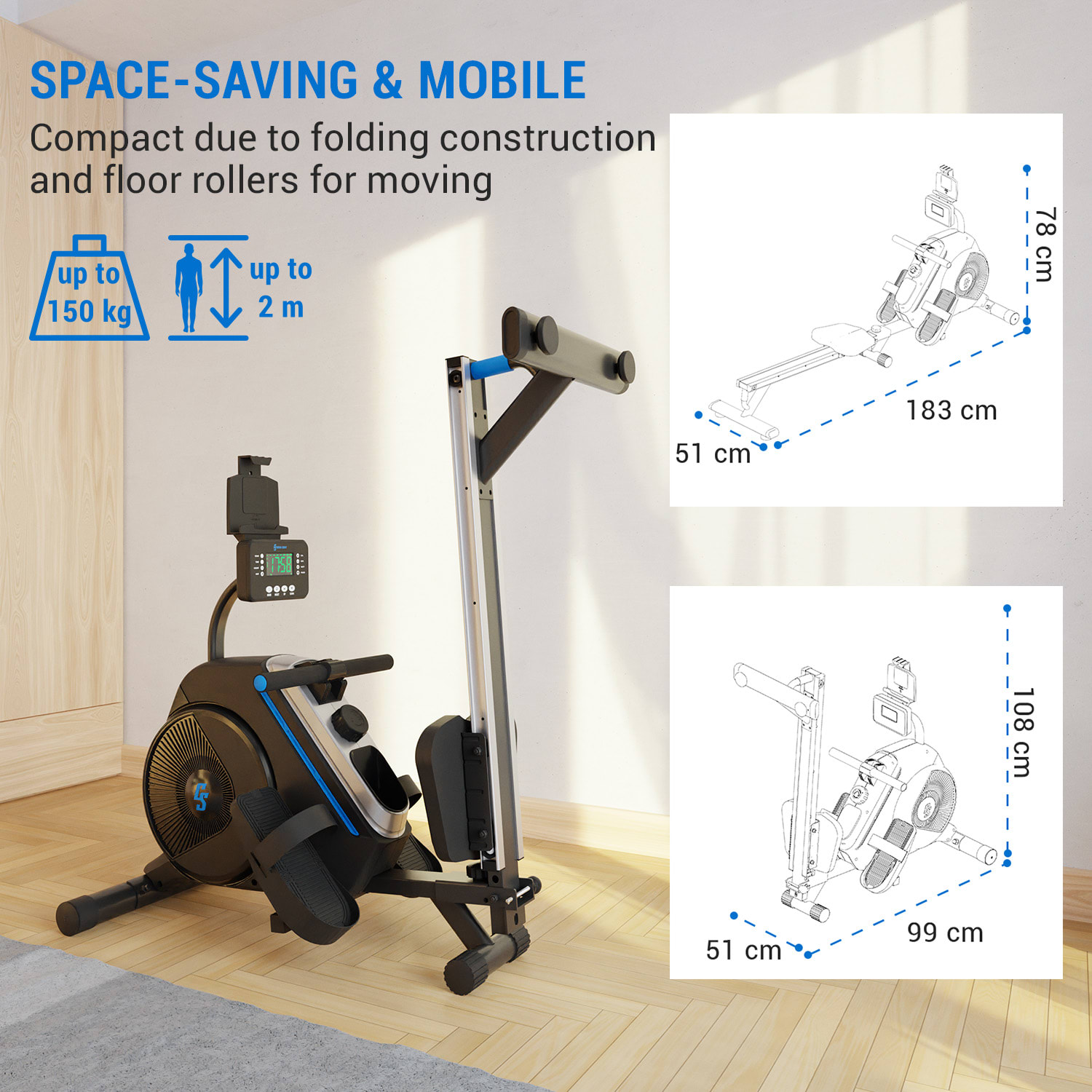 Capital Sports Helios, magnetický veslovací trenažér, LED displej, 8 úrovní, hliník – Obrázok 2