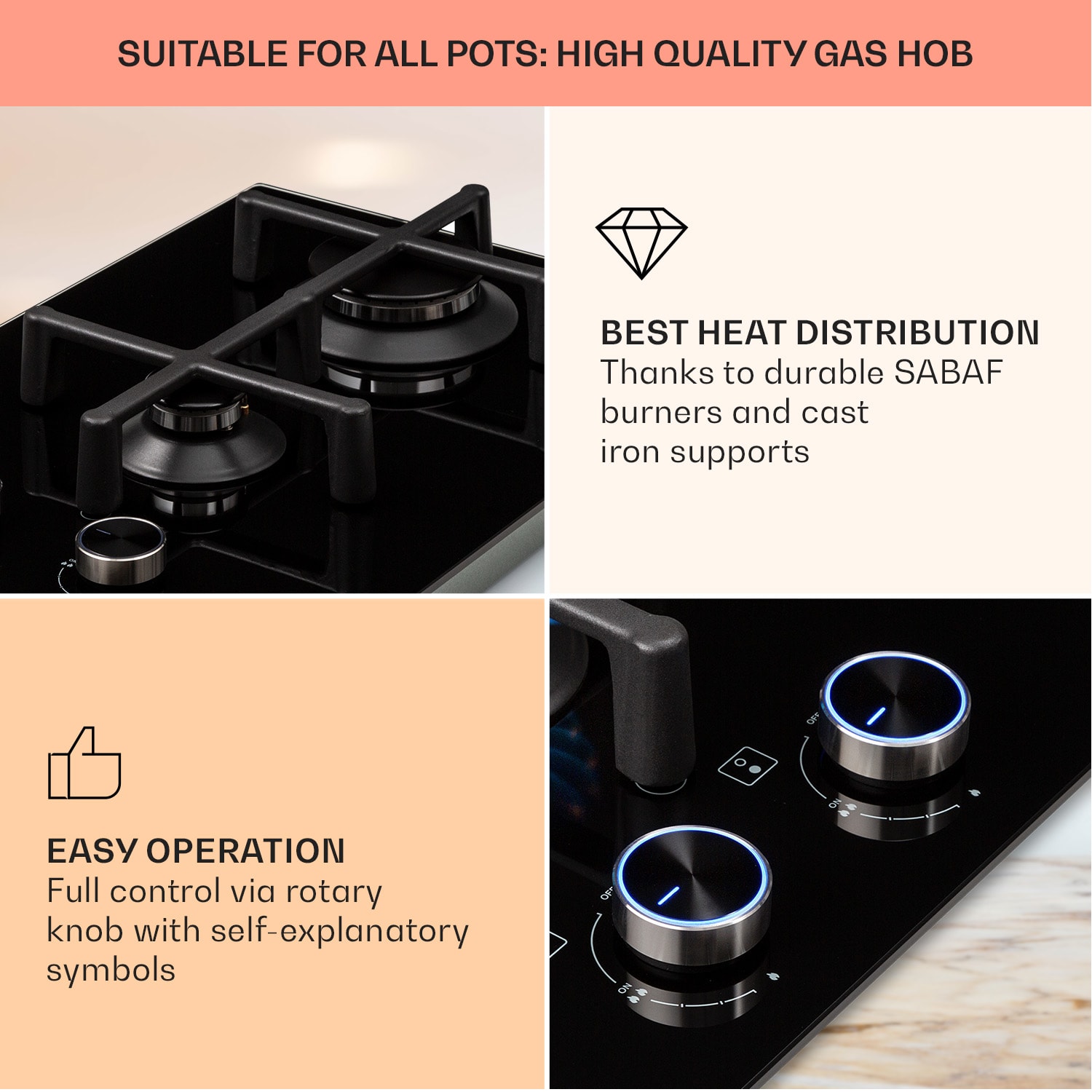 Klarstein Illuminosa Domino, plynová varná doska, 2 Sabaf horáky, sklokeramika – Obrázok 3