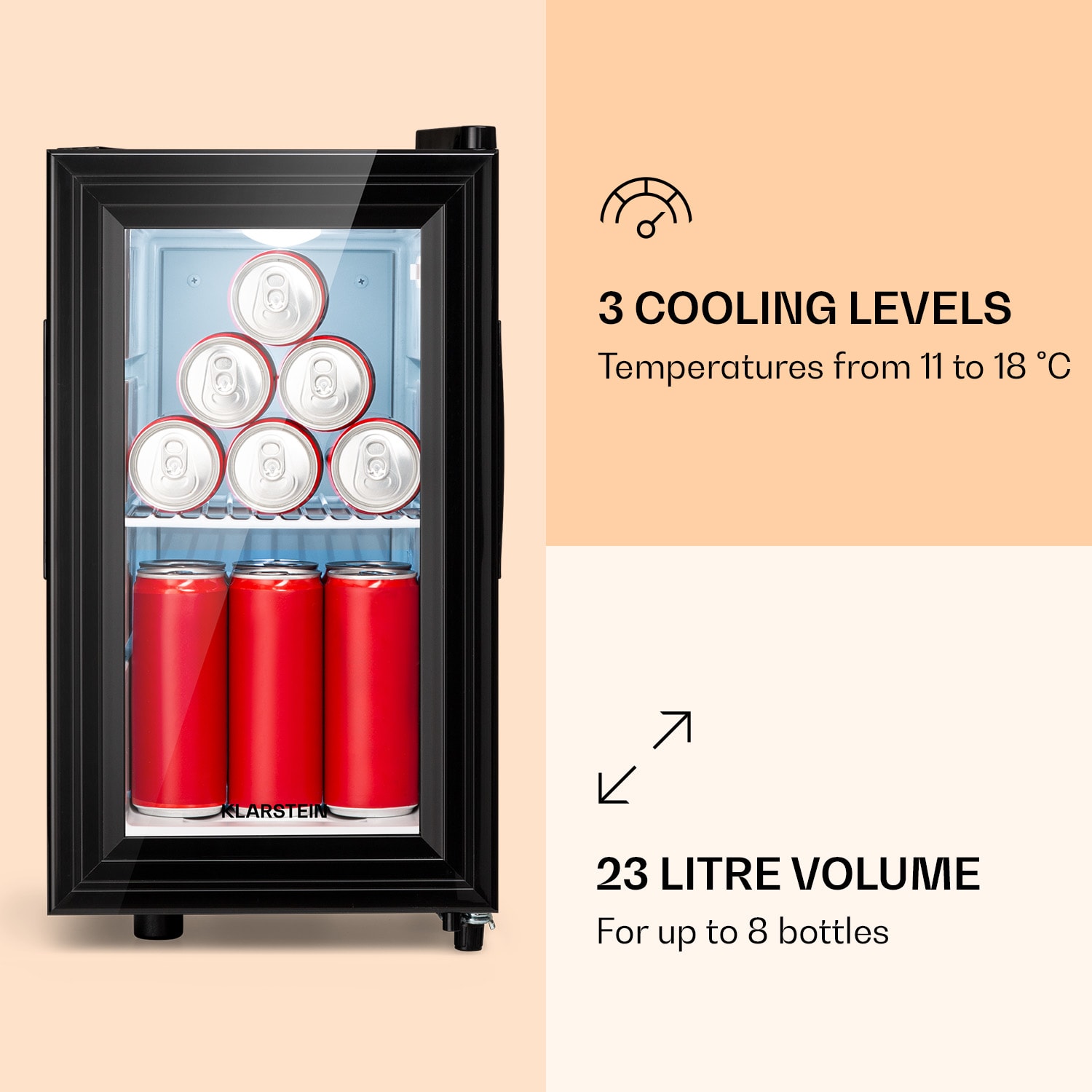 Klarstein Brooklyn 23 Slim, chladnička, LED, plastová vložka, sklenené dvierka – Obrázok 2