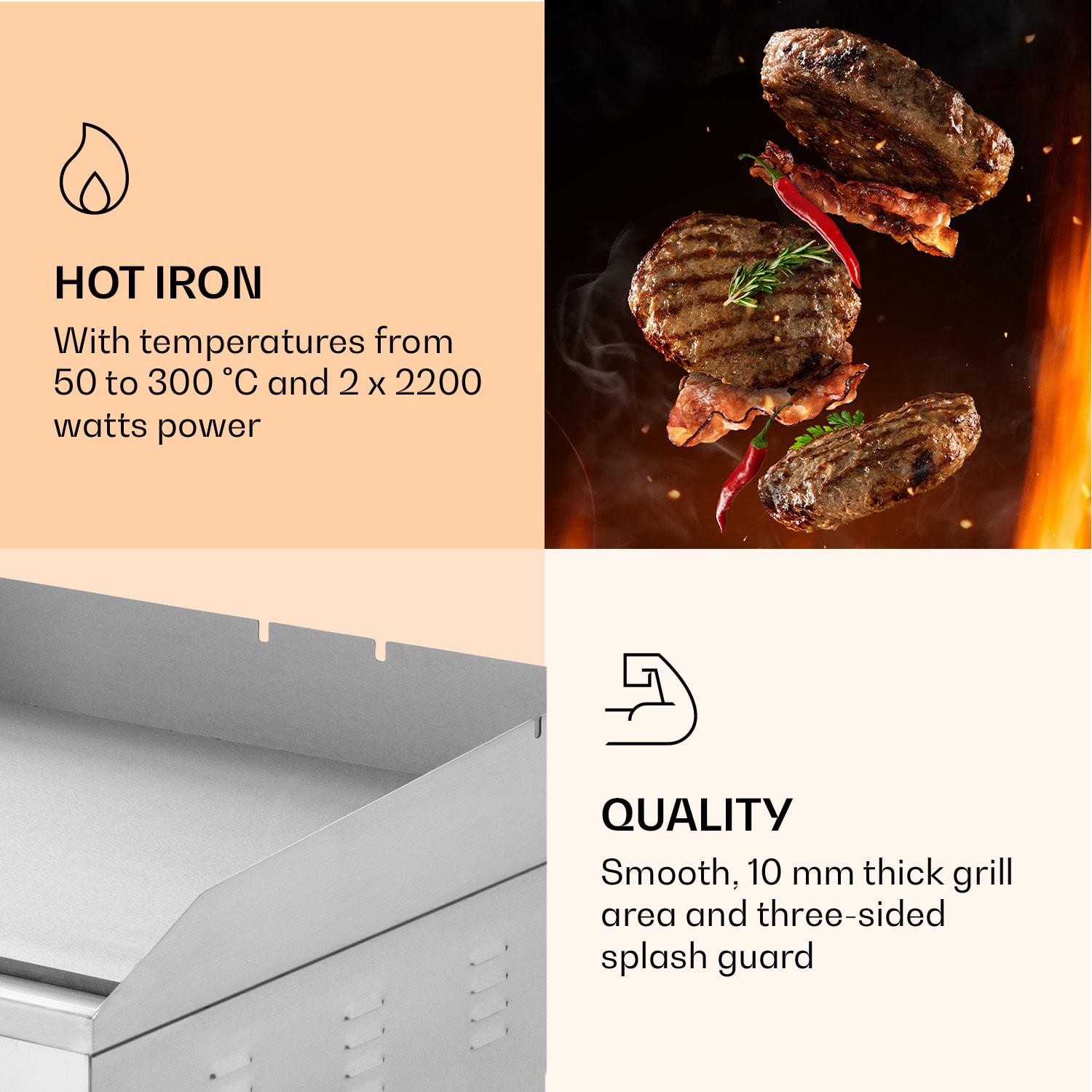 Klarstein Grillmeile 4400, elektrický gril, 2 x 2200 W, grilovacia platňa z nehrdzavejúcej ocele – Obrázok 4