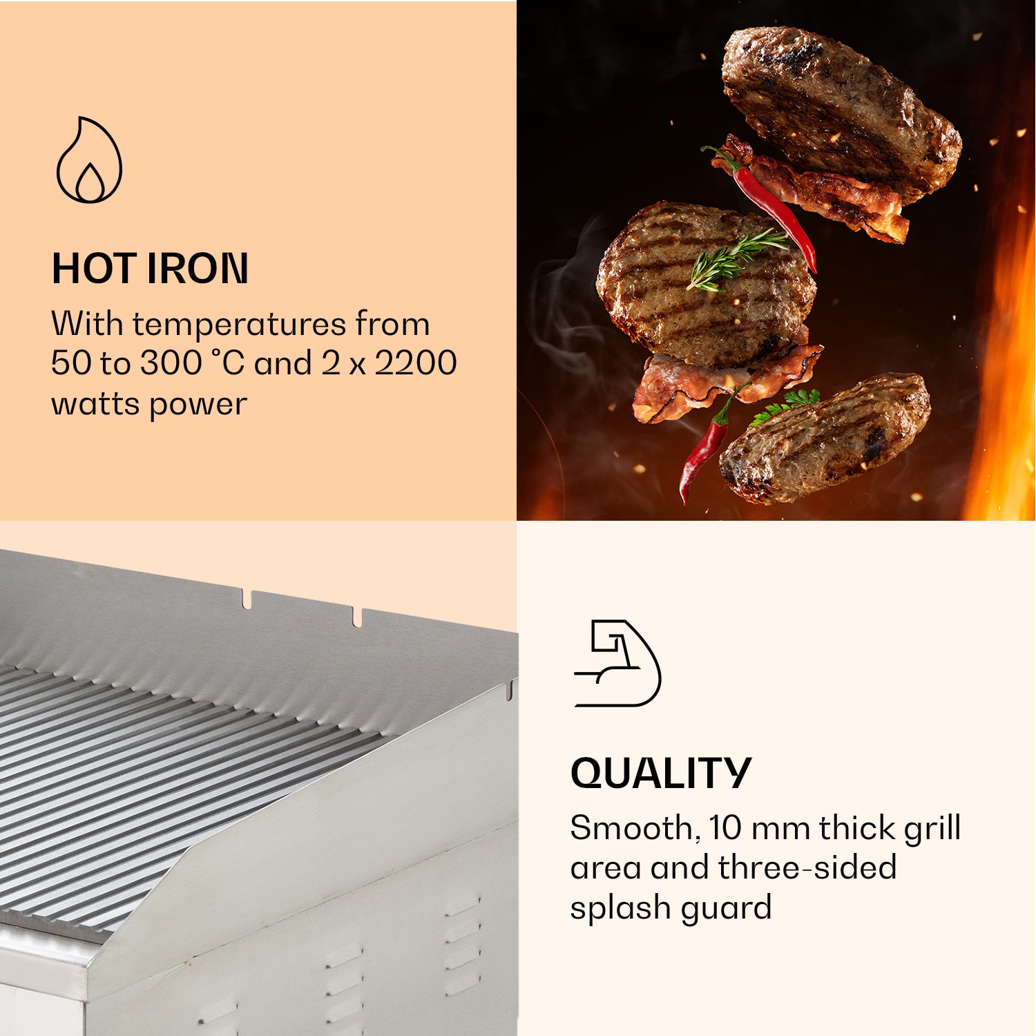 Klarstein Grillmeile 4400, elektrický gril, 2 x 2200 W, grilovacia platňa z nehrdzavejúcej ocele – Obrázok 4