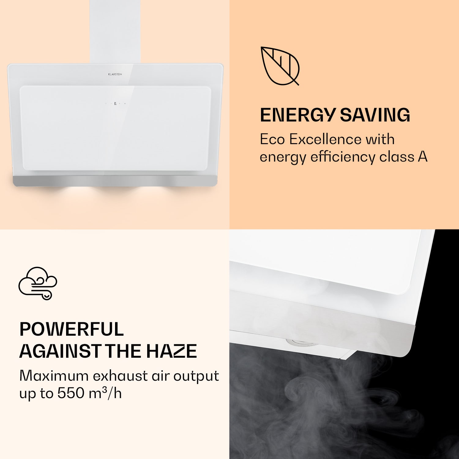 Klarstein Aurora Eco 60, digestor, 60 cm, nástenný, 550 m³/h, A+, dotykové ovládanie, biely – Obrázok 2