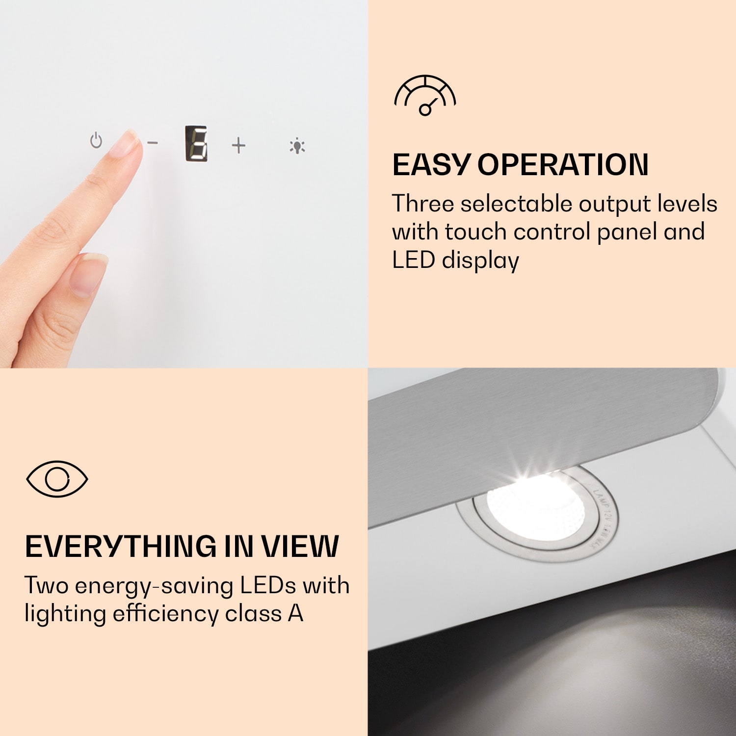 Klarstein Aurora Eco 60, digestor, 60 cm, nástenný, 550 m³/h, A+, dotykové ovládanie, biely – Obrázok 4