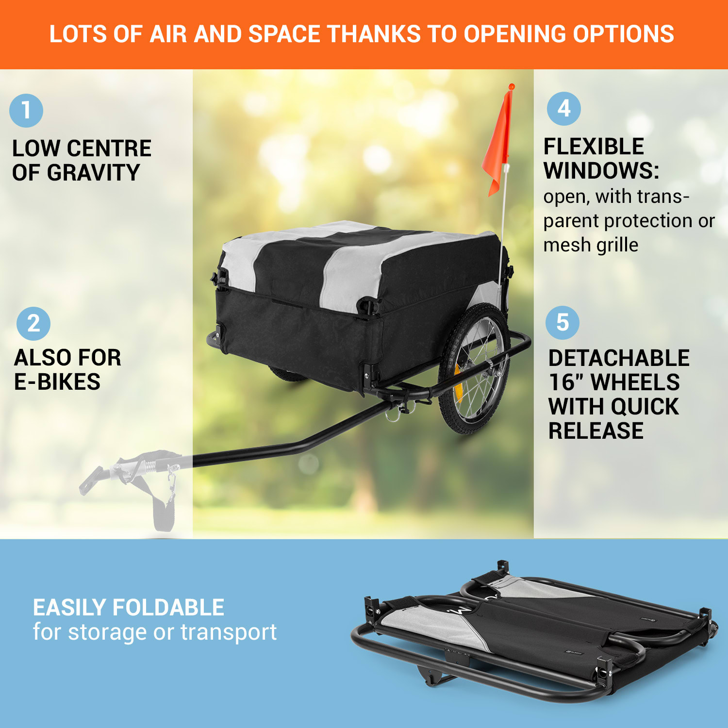 DURAMAXX Mountee, 130 l, 60 kg, príves na bicykel, nákladný vozík, oceľová tyč – Obrázok 2