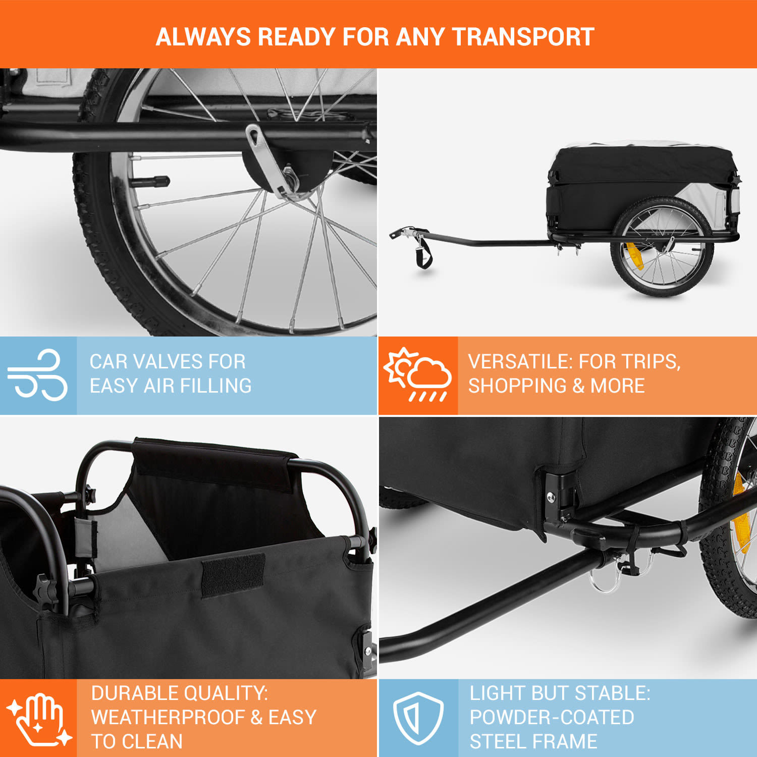 DURAMAXX Mountee, 130 l, 60 kg, príves na bicykel, nákladný vozík, oceľová tyč – Obrázok 4