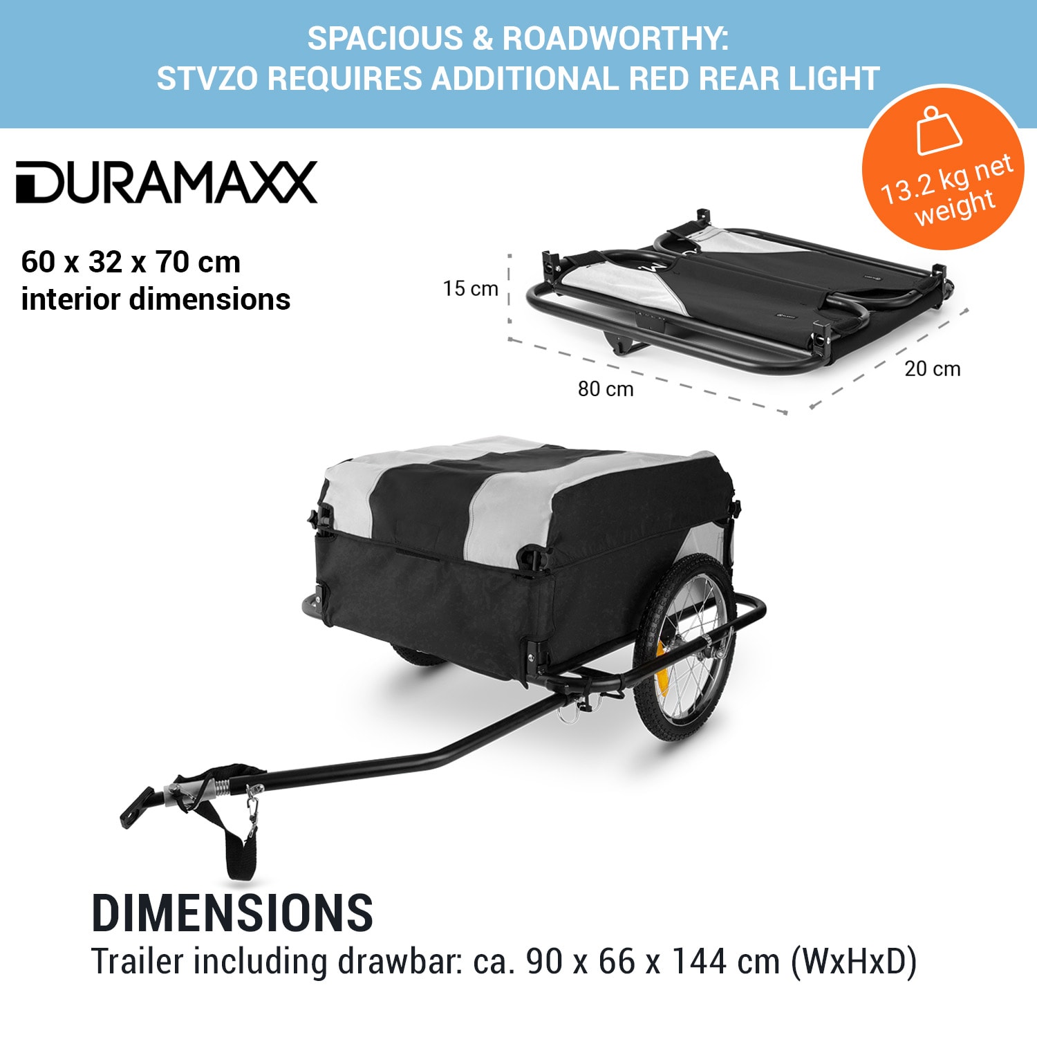 DURAMAXX Mountee, 130 l, 60 kg, príves na bicykel, nákladný vozík, oceľová tyč – Obrázok 5