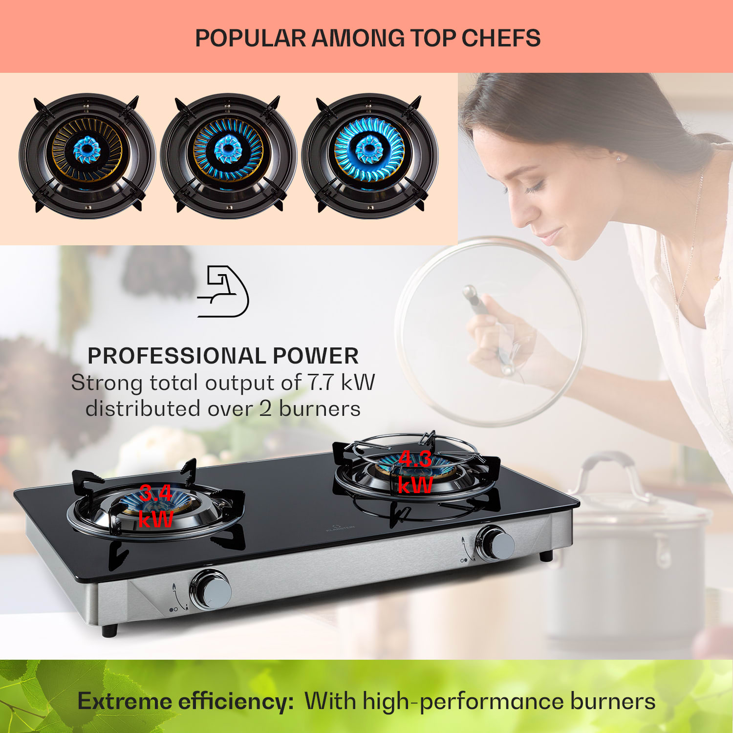 Klarstein Barzona 2, kempingový varič, 2 horáky, 3,4 kW a 4,3 kW, sklenená doska, kryt z nehrdzavejúcej ocele – Obrázok 2